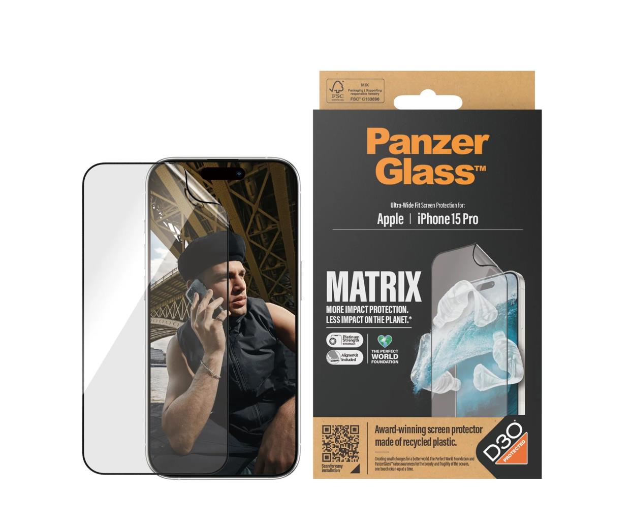 PanzerGlass™ MATRIX Screen Protector with D3O iPhone 15 Pro | Ultra-Wide Fit w. AlignerKit