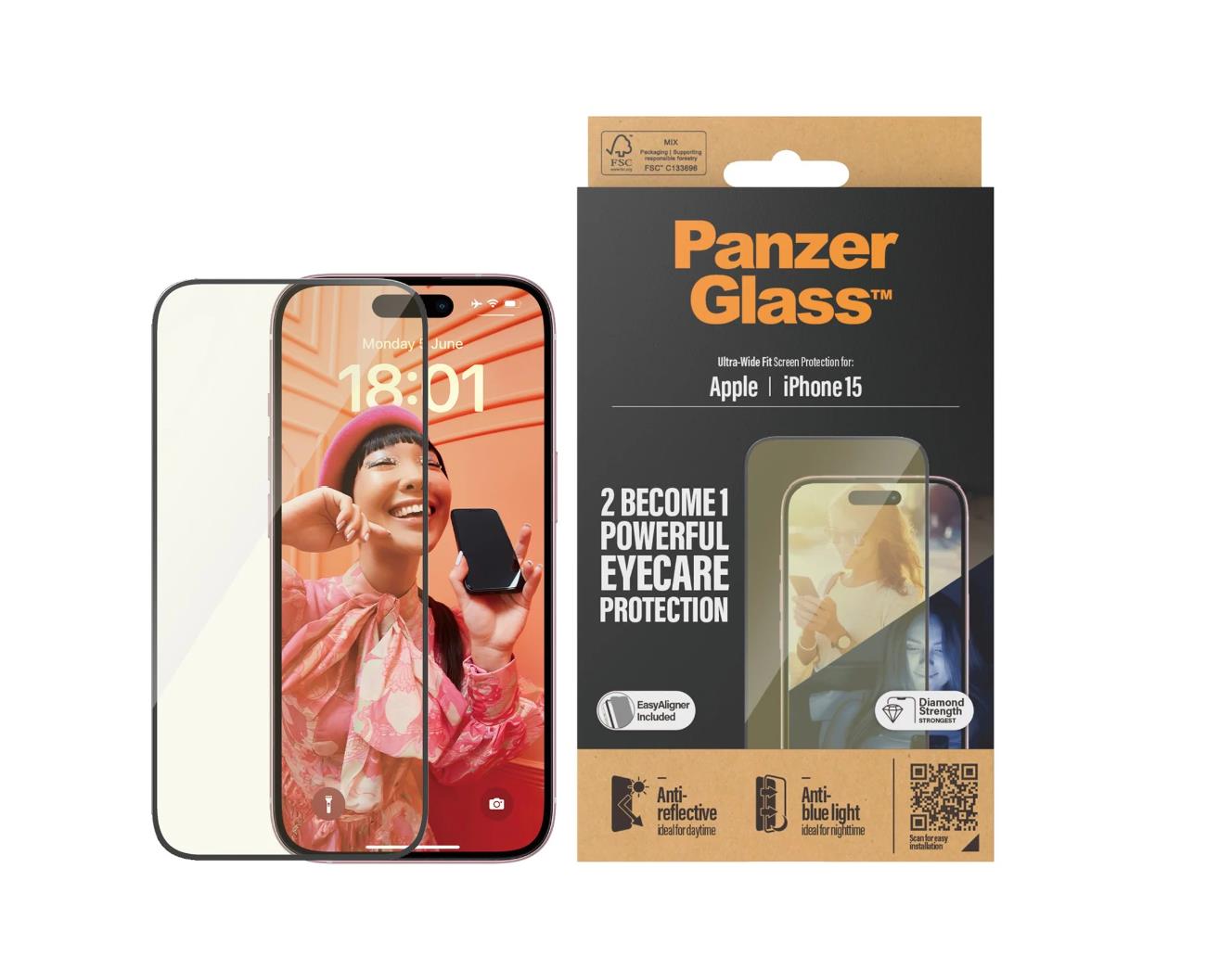 PanzerGlass™ Eyecare Screen Protection iPhone 15 | Ultra-Wide Fit w. EasyAligner