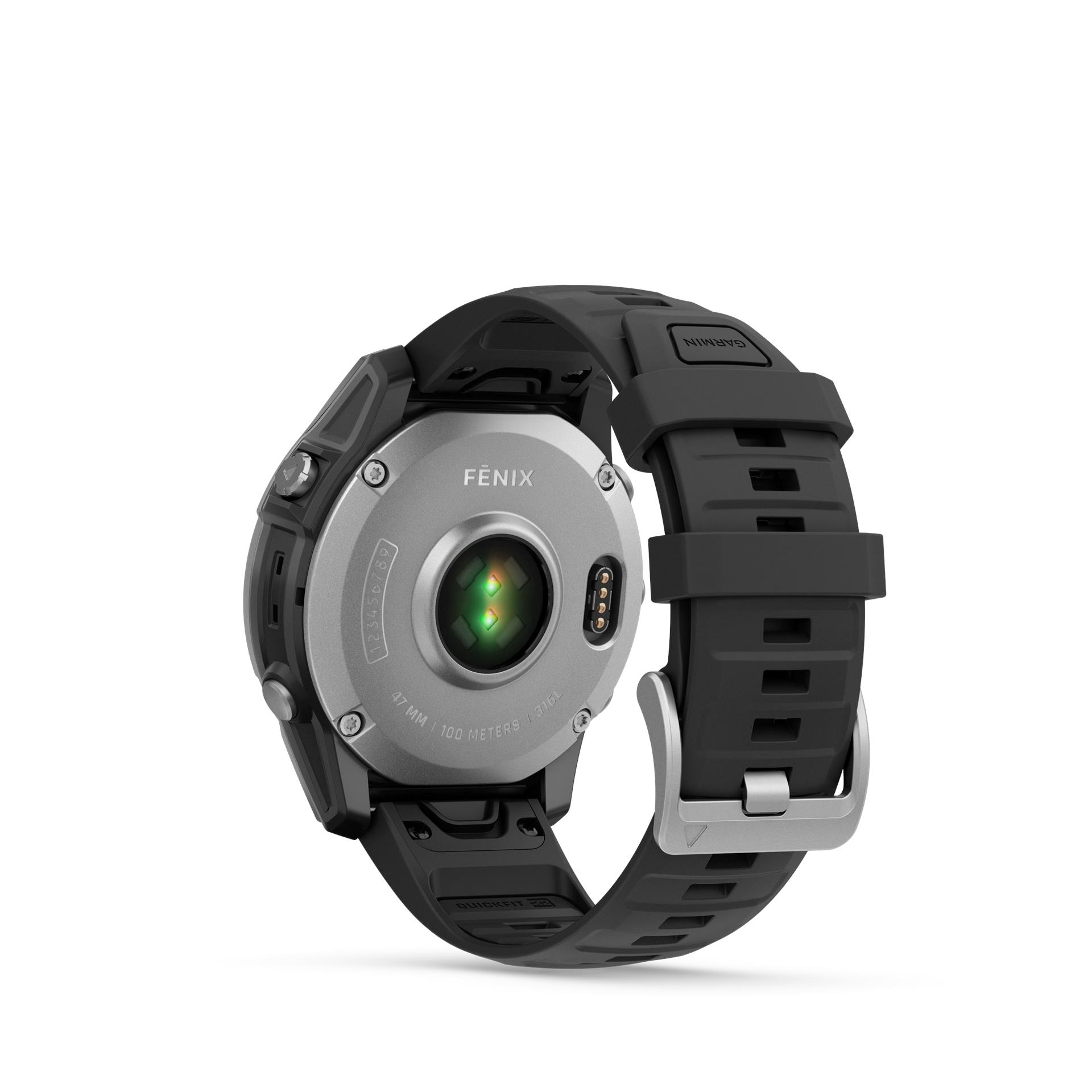 Garmin Fenix E pulkstenis, 47mm, Nerūsējošais tērauds kopā ar Melna silikona pulksteņa siksniņa