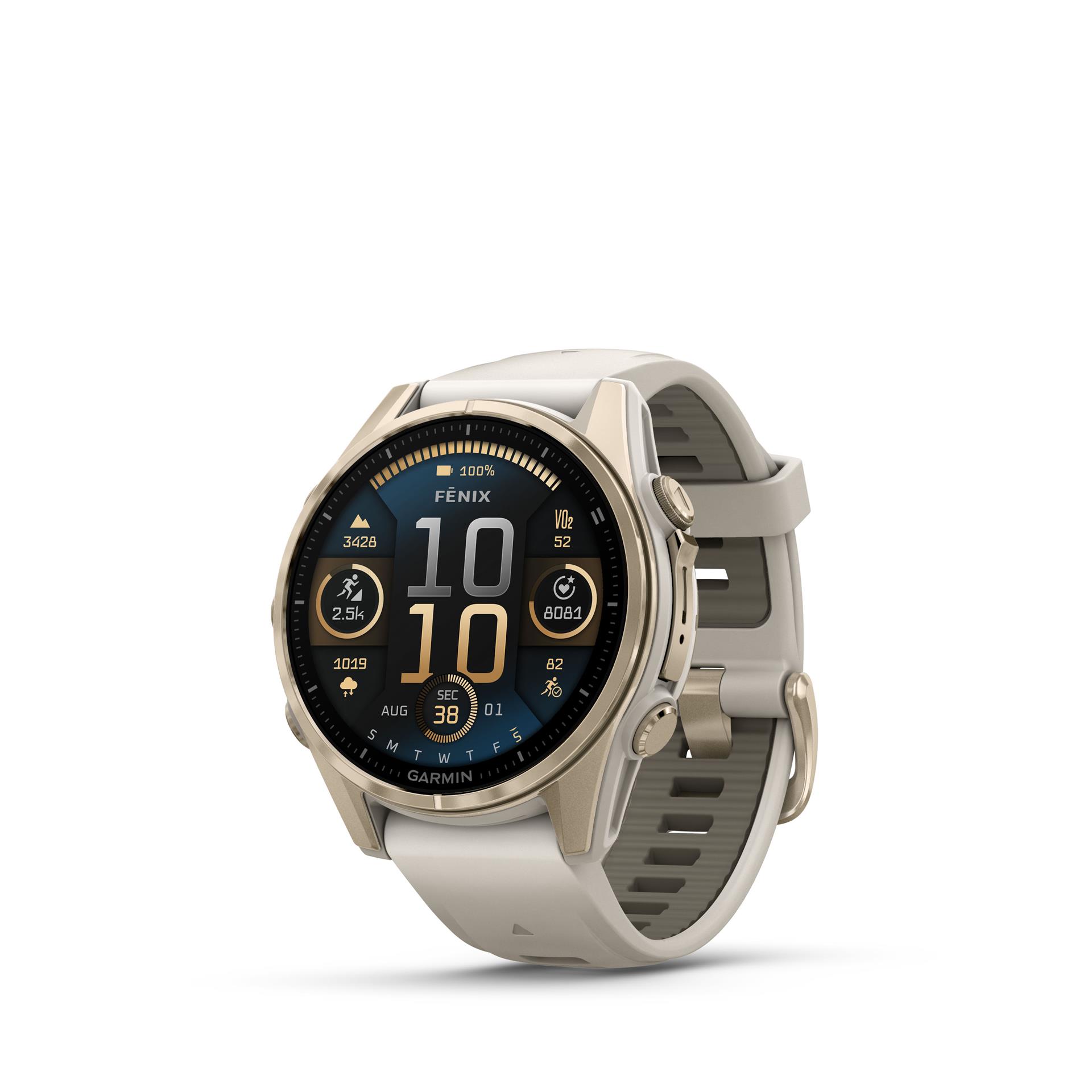 Garmin fenix 8 Sapphire AMOLED watch, 43 mm. Gold with grey/dark sandstone silicone band