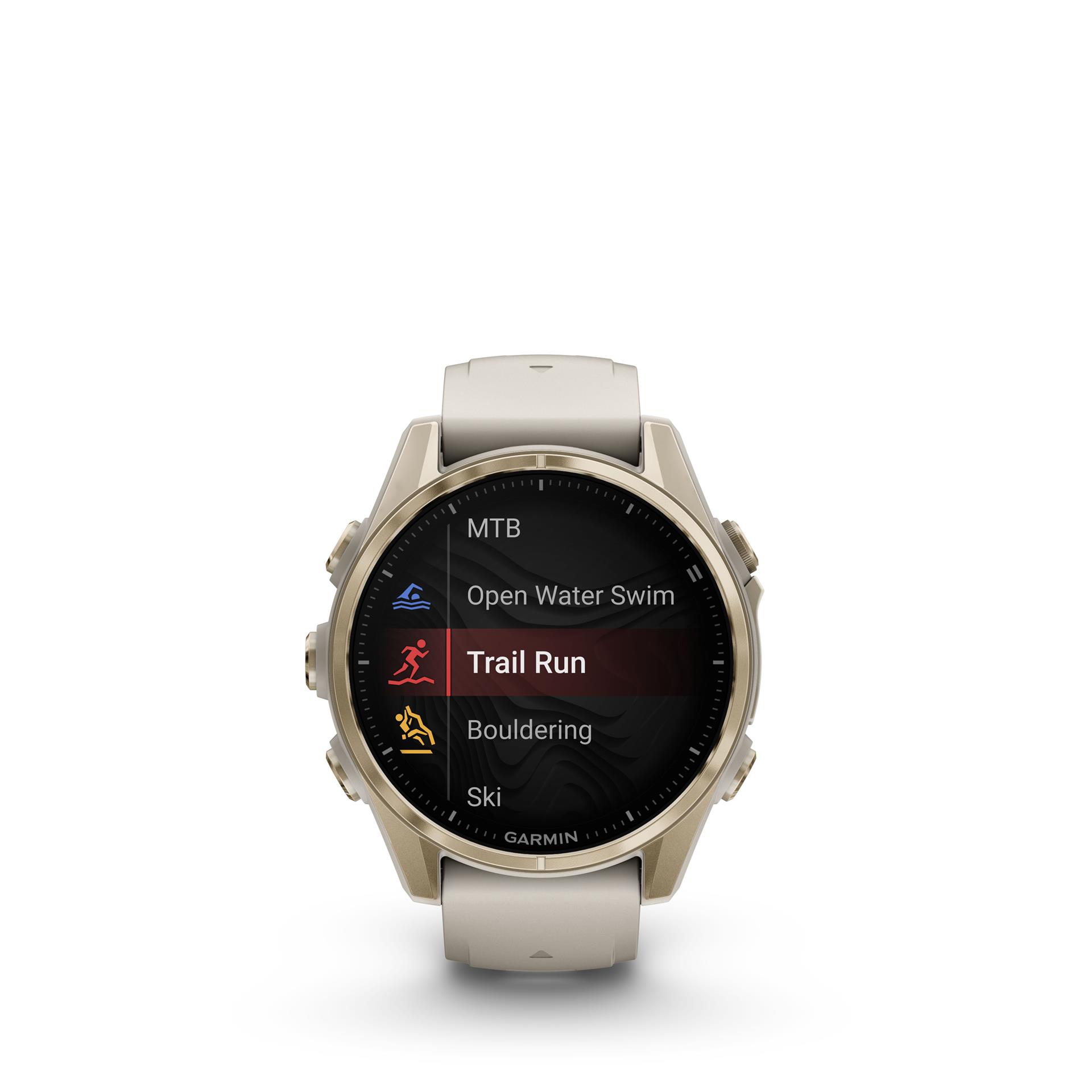 Garmin fenix 8 Sapphire AMOLED watch, 43 mm. Gold with grey/dark sandstone silicone band