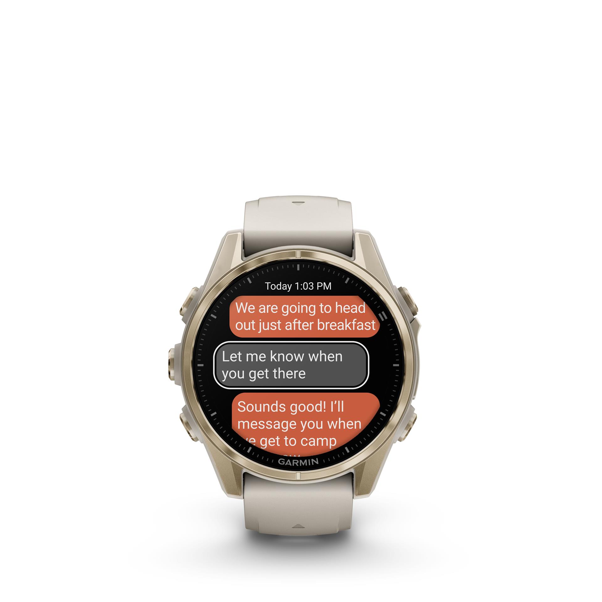 Garmin fenix 8 Sapphire AMOLED watch, 43 mm. Gold with grey/dark sandstone silicone band