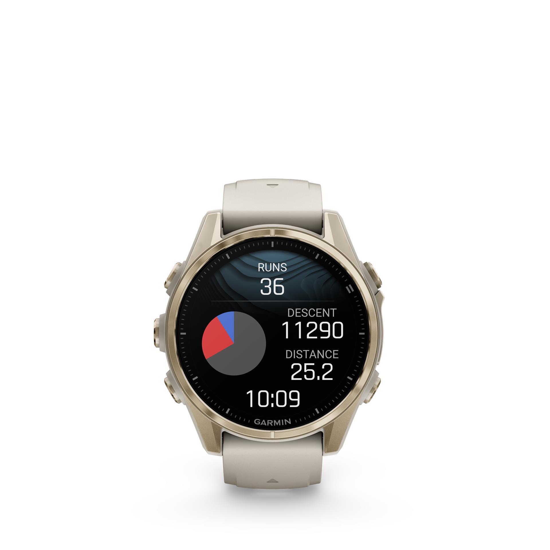 Garmin fenix 8 Sapphire AMOLED kella, 43 mm, Kuldne halli/tumeda liivakiviga silikoonrihmaga