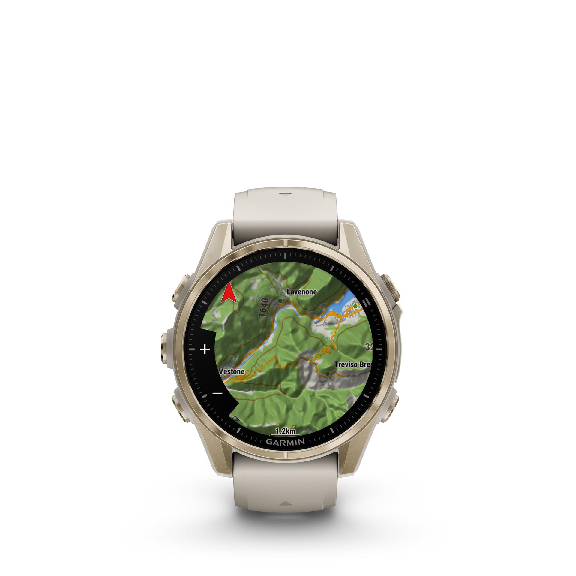 Garmin fenix 8 Sapphire AMOLED watch, 43 mm. Gold with grey/dark sandstone silicone band