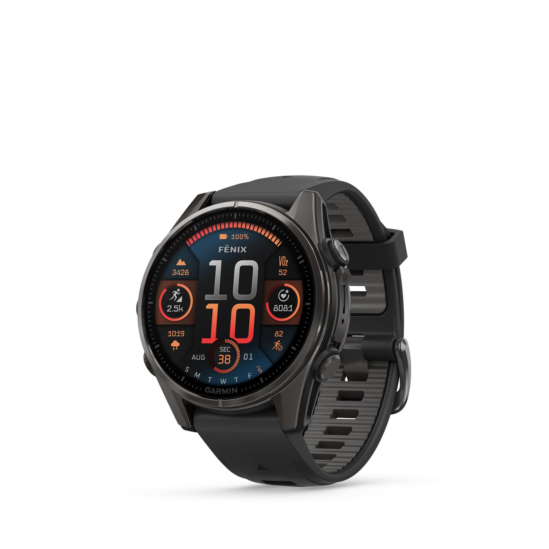 Garmin fenix 8 AMOLED Sapphire laikrodis, 43 mm, anglies pilkos spalvos DLC titano su juoda/pebble pilka silikonine apyranke