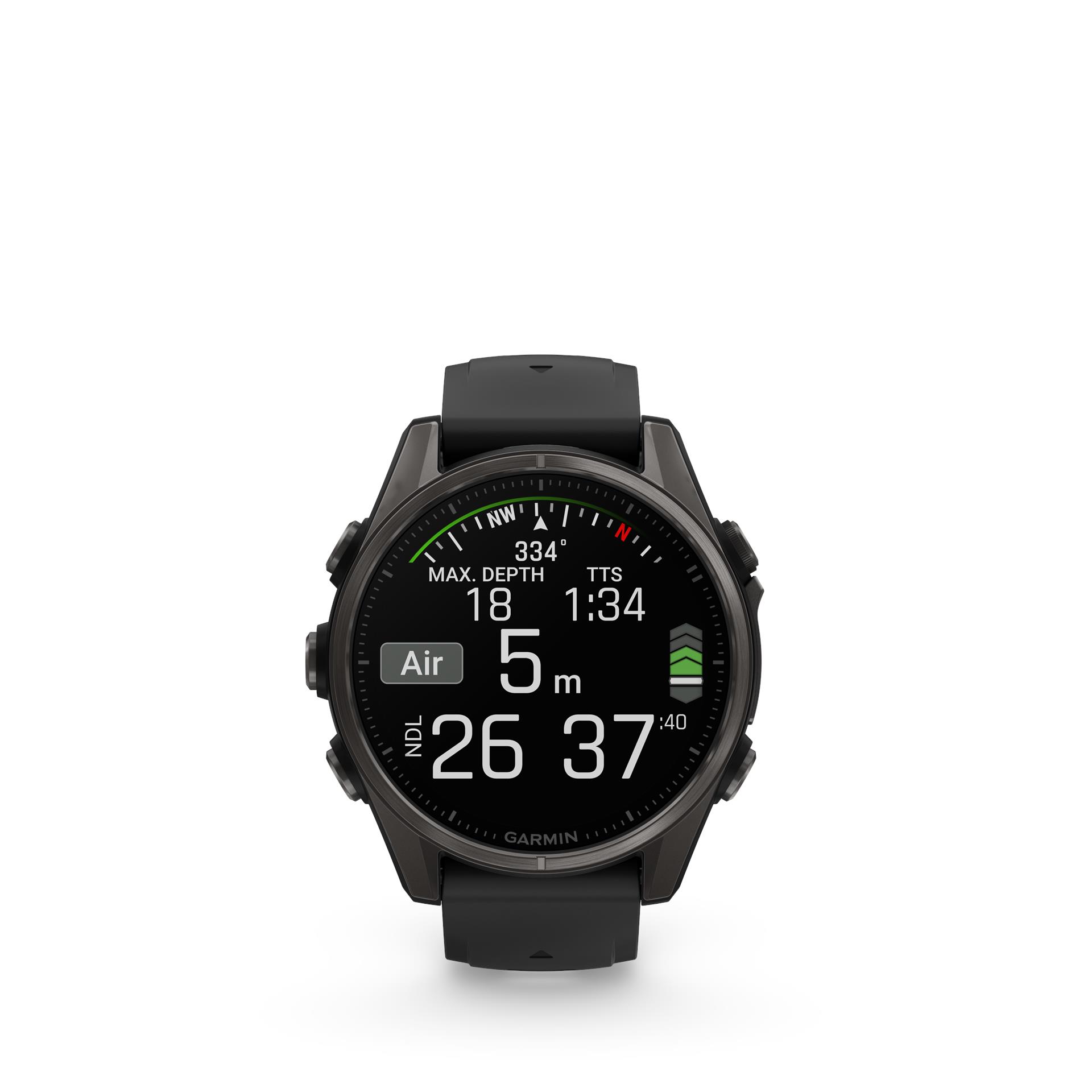 Garmin fenix 8 AMOLED Sapphire watch, 43 mm, Carbon grey DLC titanium with Black/pebble grey silicone band