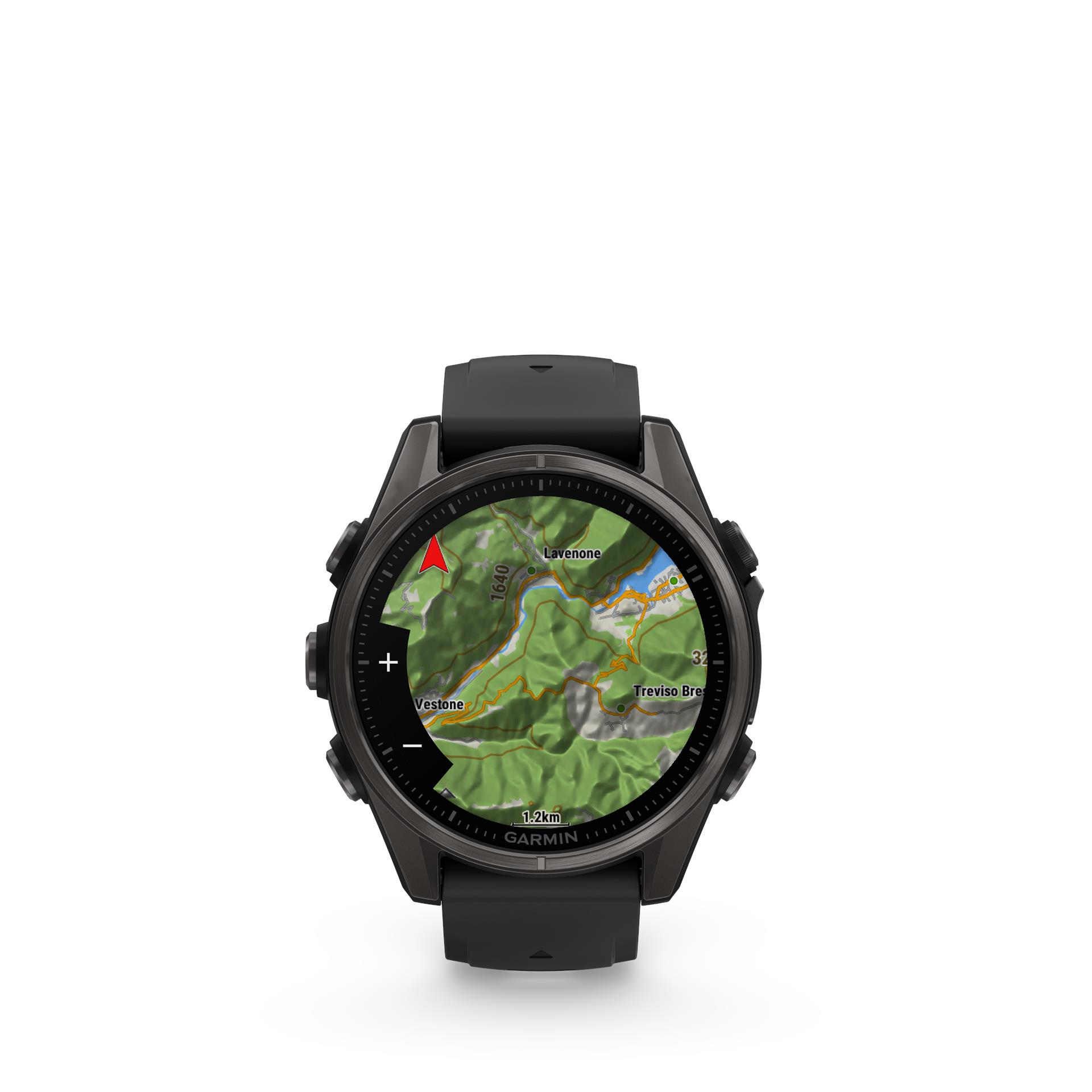 Garmin fenix 8 AMOLED Sapphire kell, 43 mm, süsiniku hall DLC titaan, musta/pebble halli silikoonrihmaga