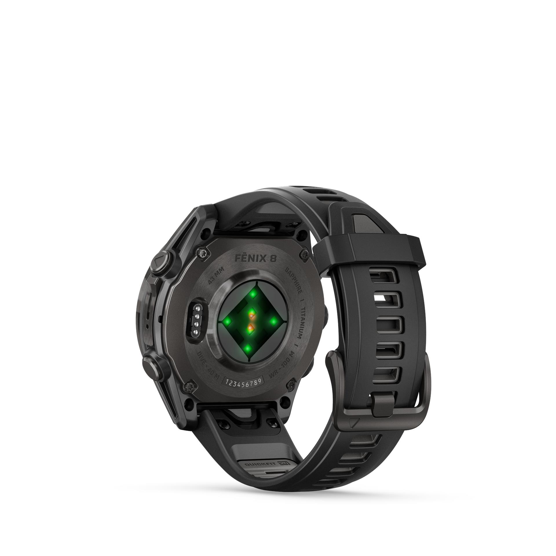 Garmin fenix 8 AMOLED Sapphire pulkstenis, 43 mm, Ogles pelēks DLC titāna pārklājums ar silikona siksniņu melnā / maigi pelēkā krāsā