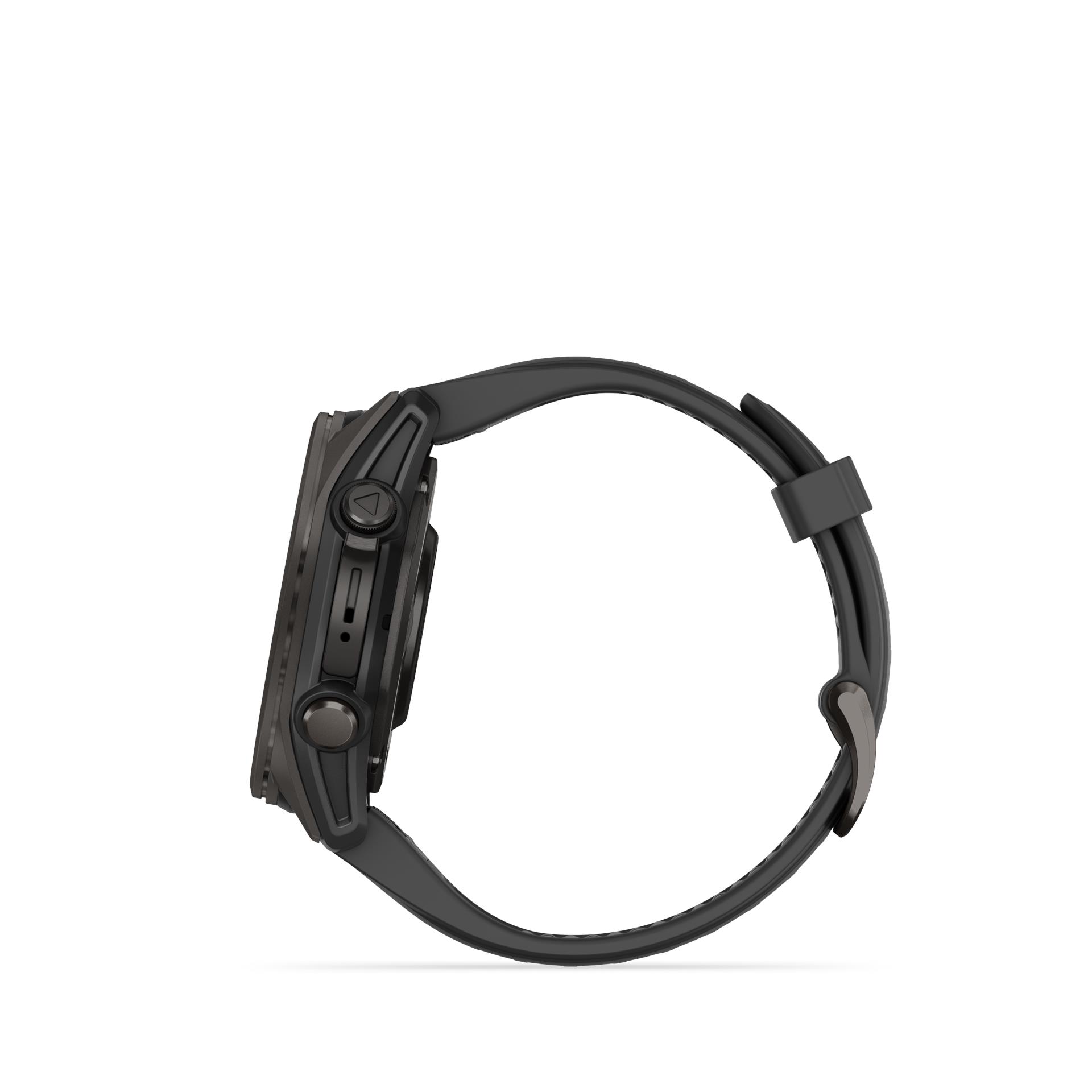 Garmin fenix 8 AMOLED Sapphire pulkstenis, 43 mm, Ogles pelēks DLC titāna pārklājums ar silikona siksniņu melnā / maigi pelēkā krāsā