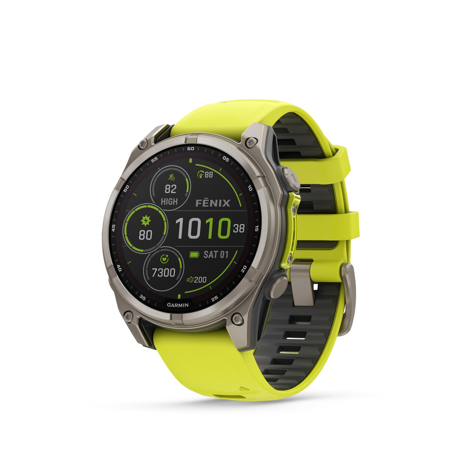 Garmin fēnix 8 Solar Sapphire watch, 47 mm, Titanium with silicone band in banana yellow / graphite