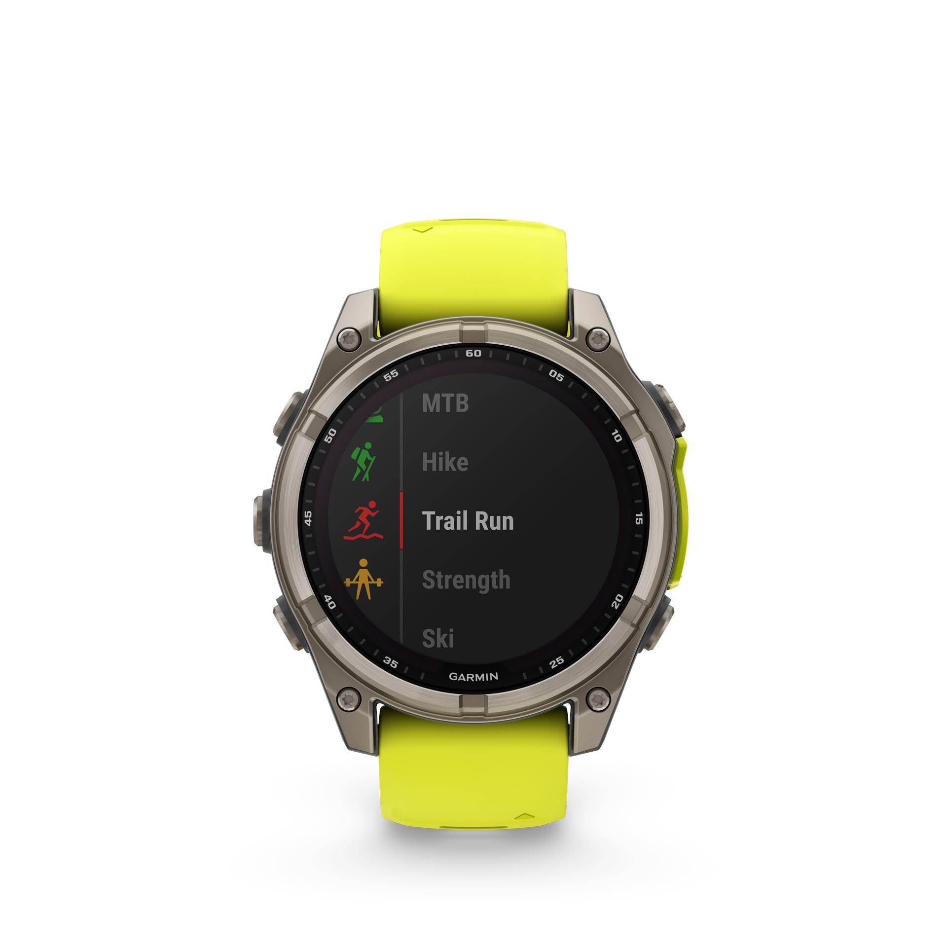 Garmin fēnix 8 Solar Sapphire watch, 47 mm, Titanium with silicone band in banana yellow / graphite