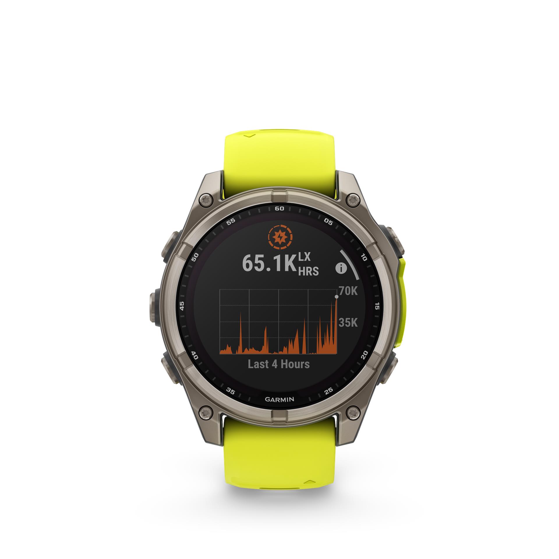 Garmin fēnix 8 Solar Sapphire watch, 47 mm, Titanium with silicone band in banana yellow / graphite