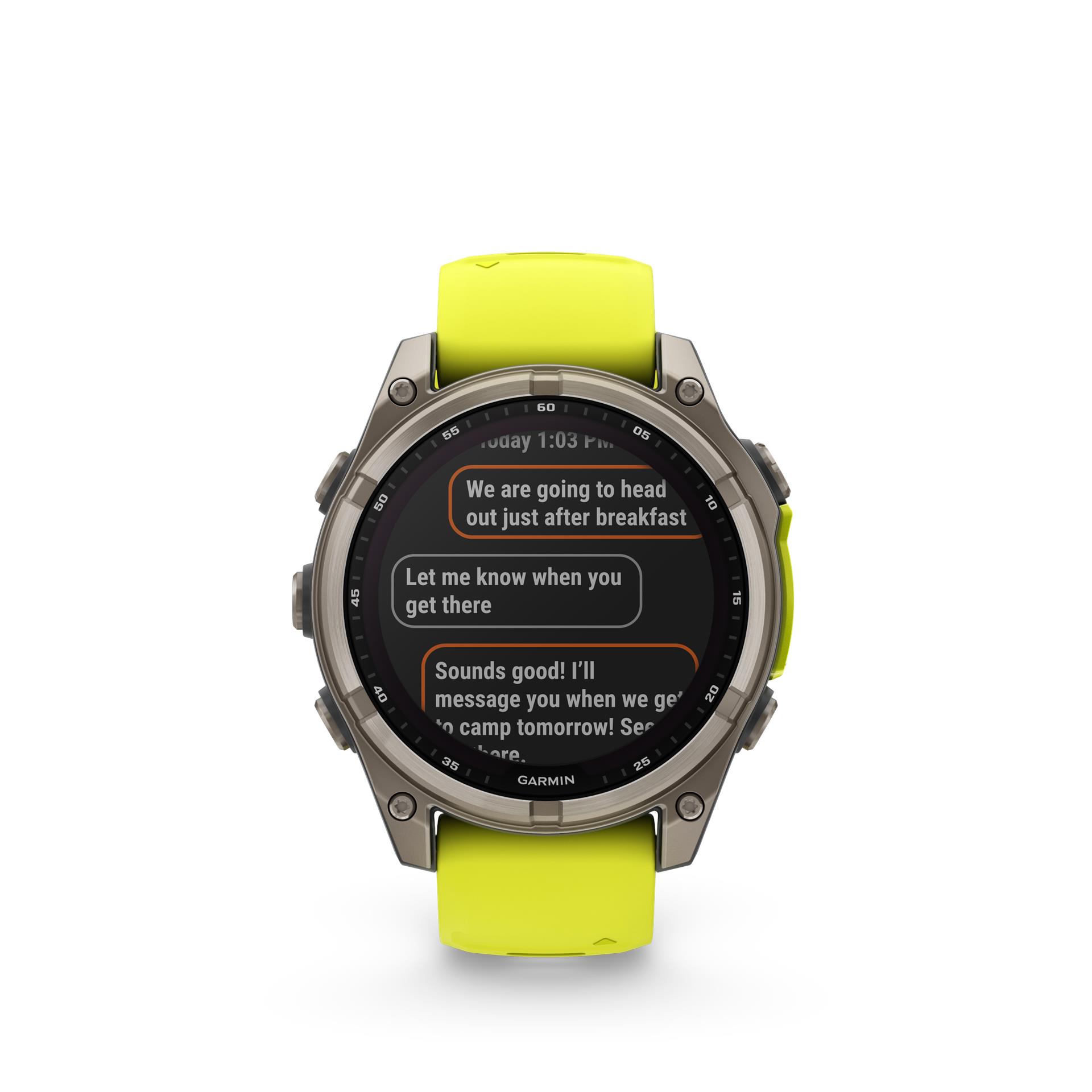 Garmin fēnix 8 Solar Sapphire watch, 47 mm, Titanium with silicone band in banana yellow / graphite