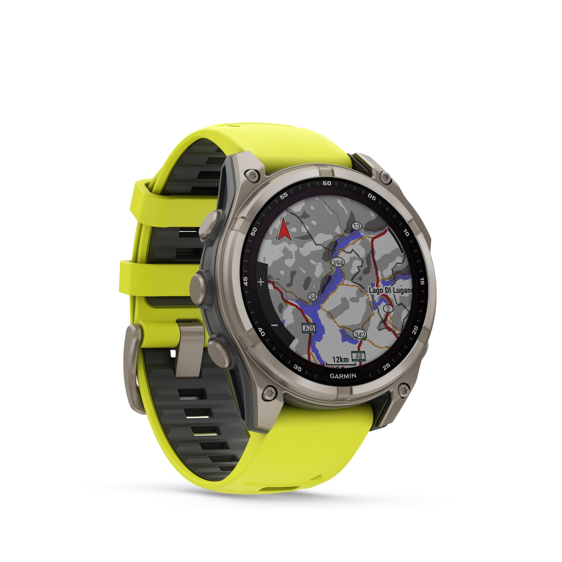 Garmin fēnix 8 Solar Sapphire laikrodis, 47 mm, titano su bananų geltonos / grafito spalvos silikoniniu dirželiu