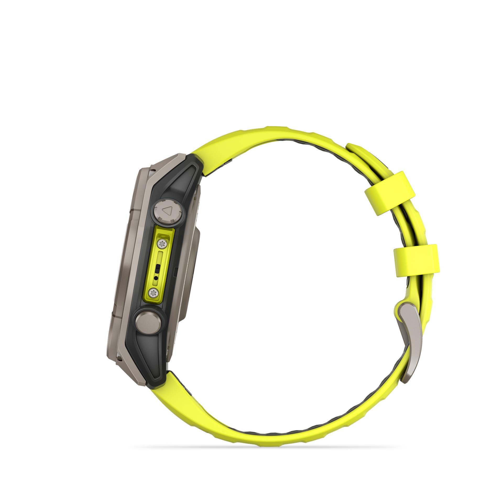 Garmin fēnix 8 Solar Sapphire watch, 47 mm, Titanium with silicone band in banana yellow / graphite