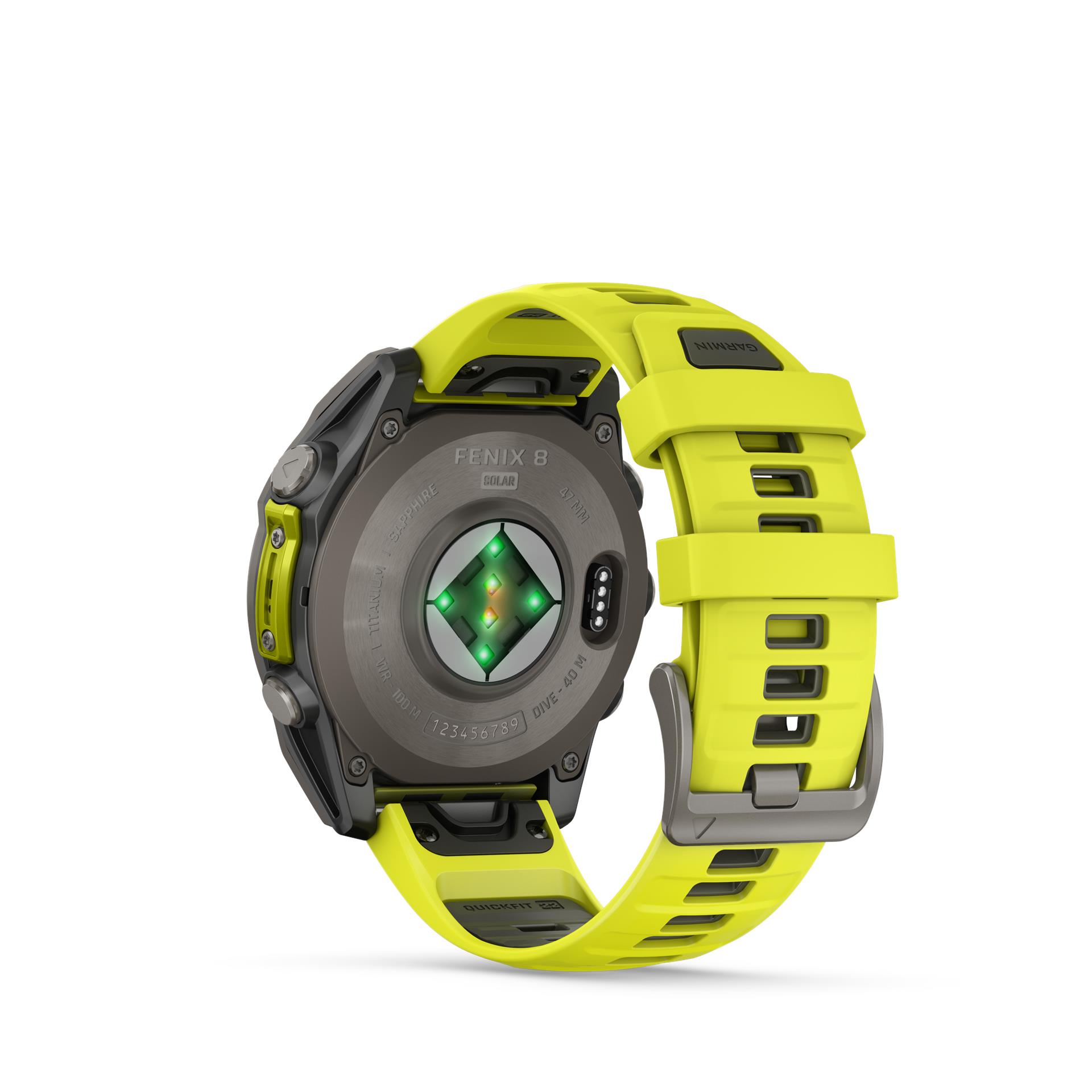 Garmin fēnix 8 Solar Sapphire watch, 47 mm, Titanium with silicone band in banana yellow / graphite