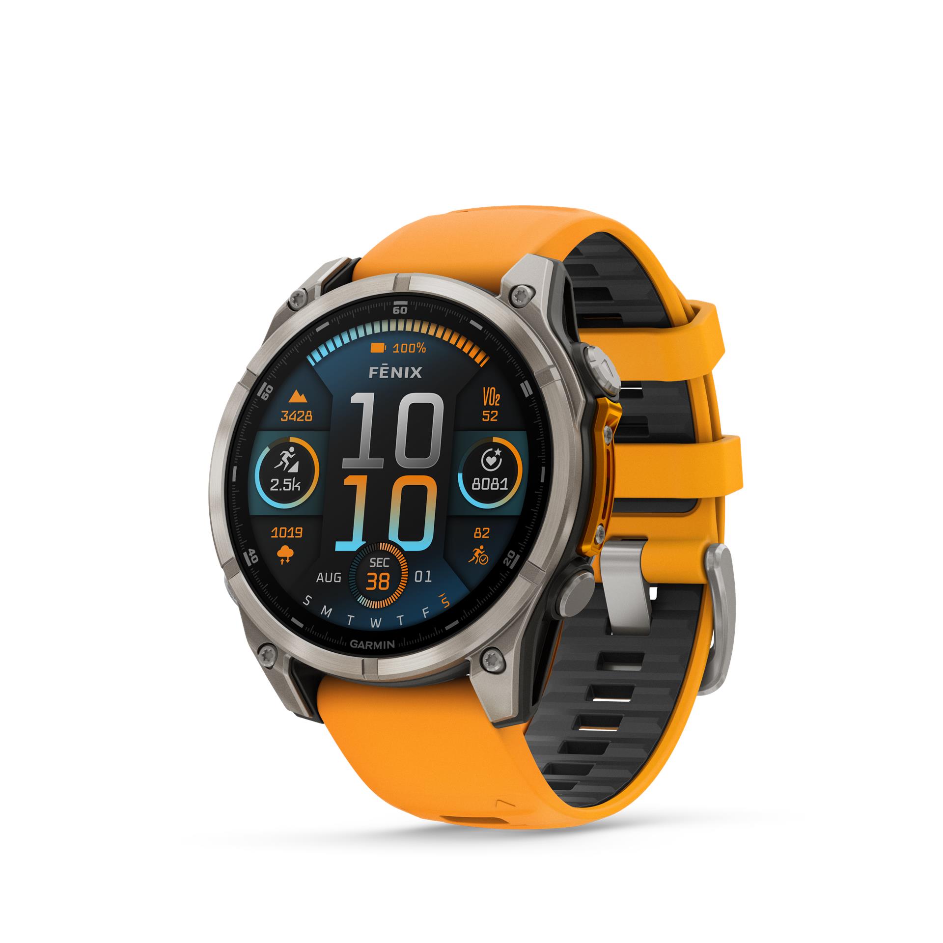 Garmin fēnix 8 AMOLED Sapphire watch, 47 mm, Titanium with Spark orange/graphite silicone band