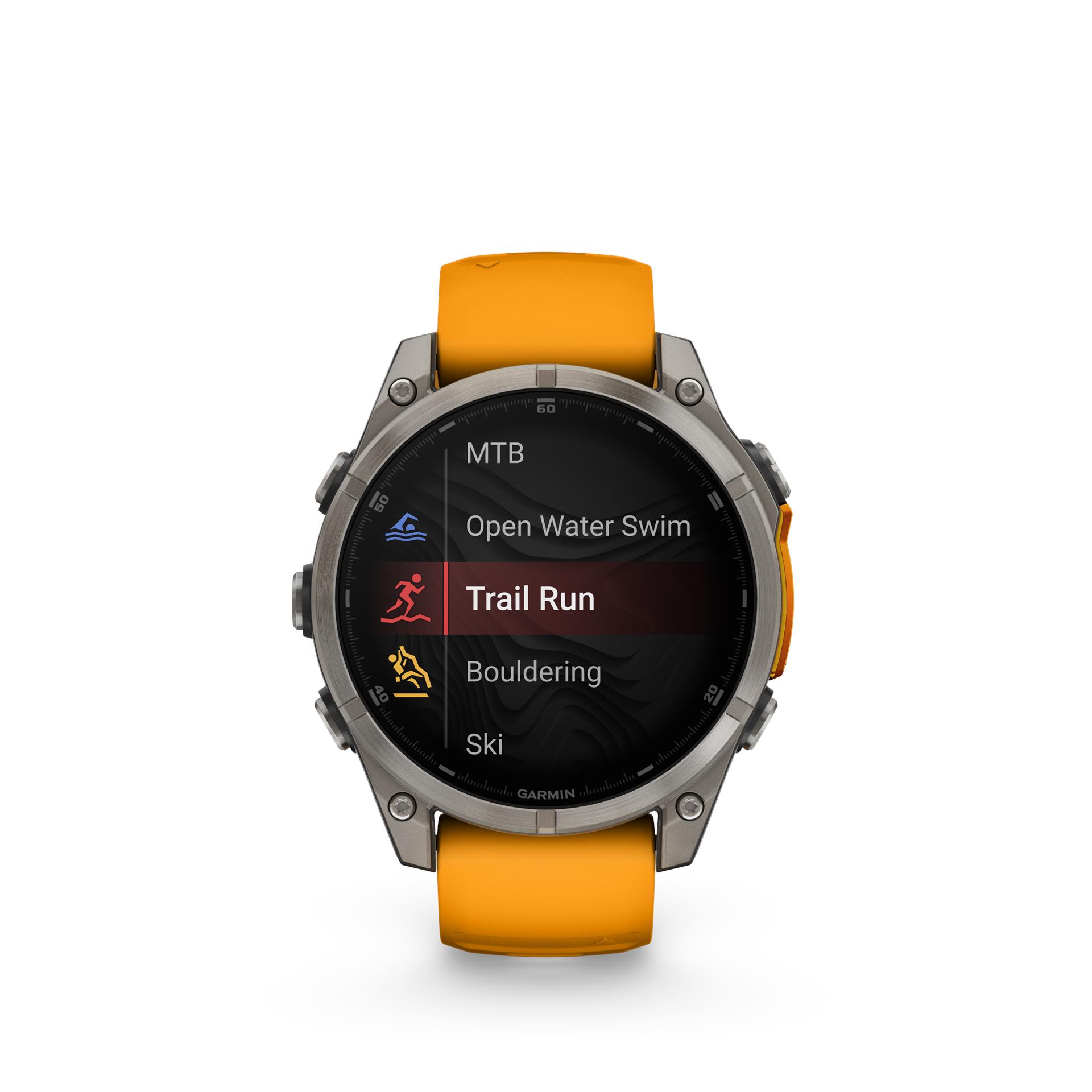 Garmin Fenix 8 AMOLED Sapphire laikrodis, 47 mm, titano spalvos, su „Spark orange/graphite“ silikonine apyranke