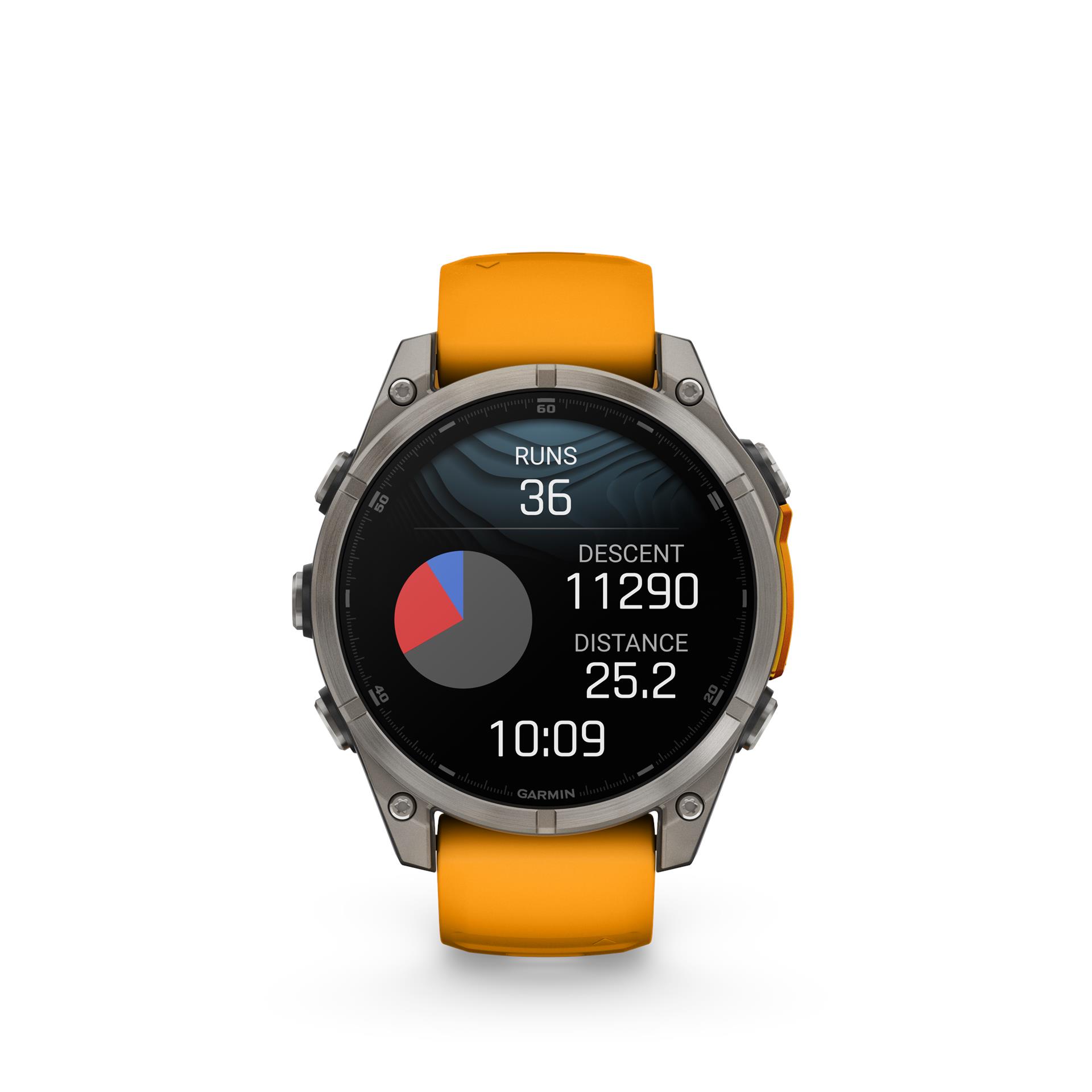 Garmin Fenix 8 AMOLED Sapphire laikrodis, 47 mm, titano spalvos, su „Spark orange/graphite“ silikonine apyranke