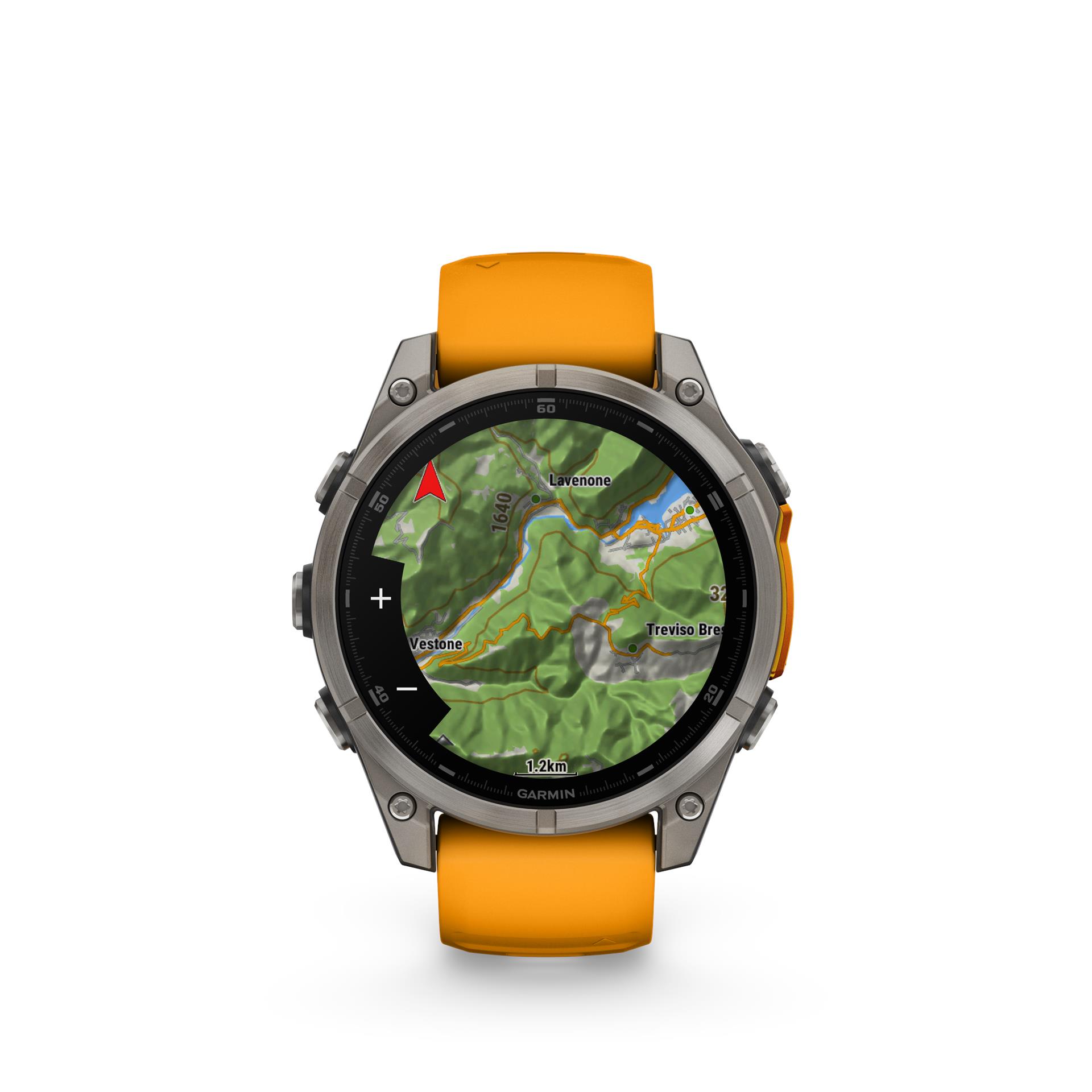 Garmin Fenix 8 AMOLED Sapphire laikrodis, 47 mm, titano spalvos, su „Spark orange/graphite“ silikonine apyranke