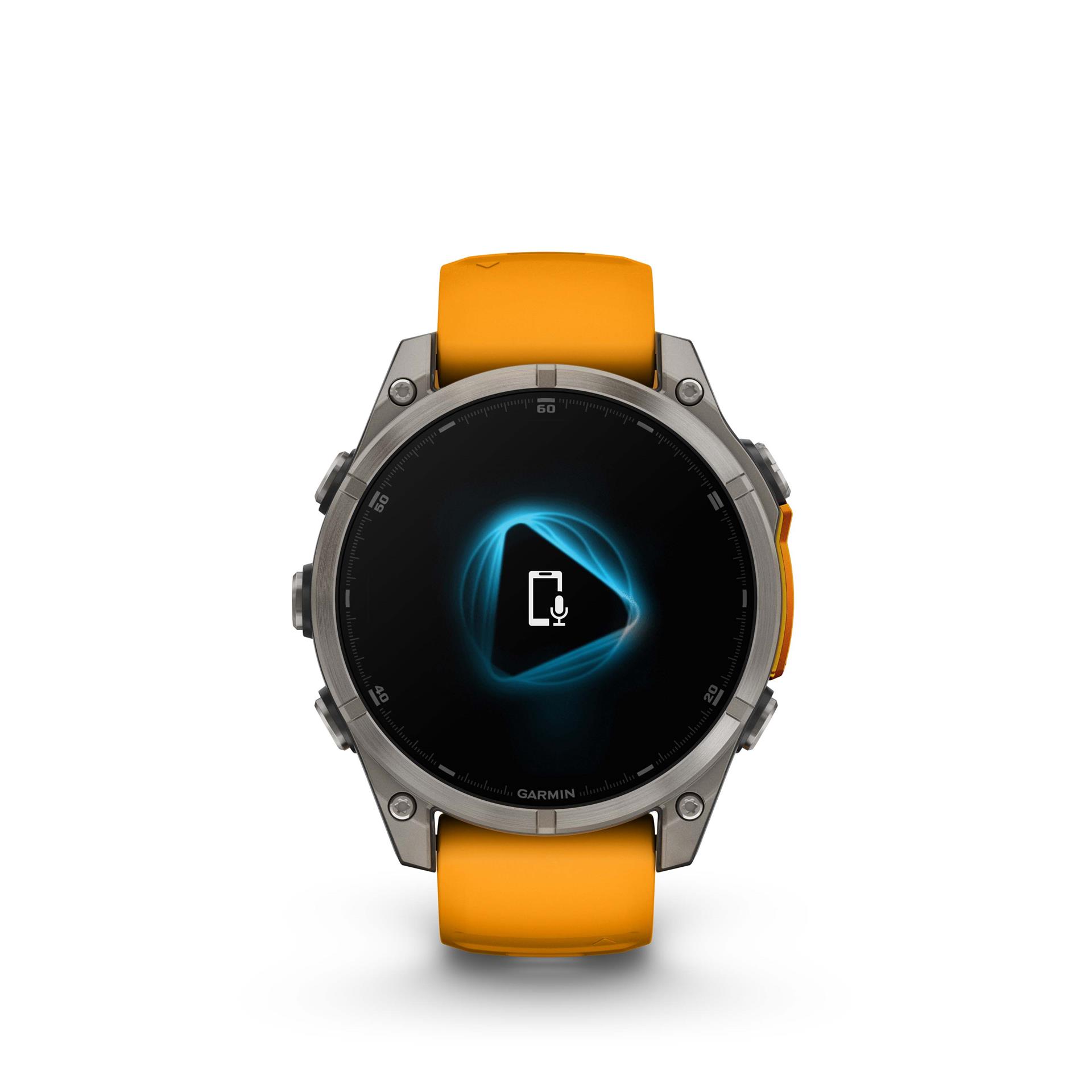 Garmin Fenix 8 AMOLED Sapphire laikrodis, 47 mm, titano spalvos, su „Spark orange/graphite“ silikonine apyranke