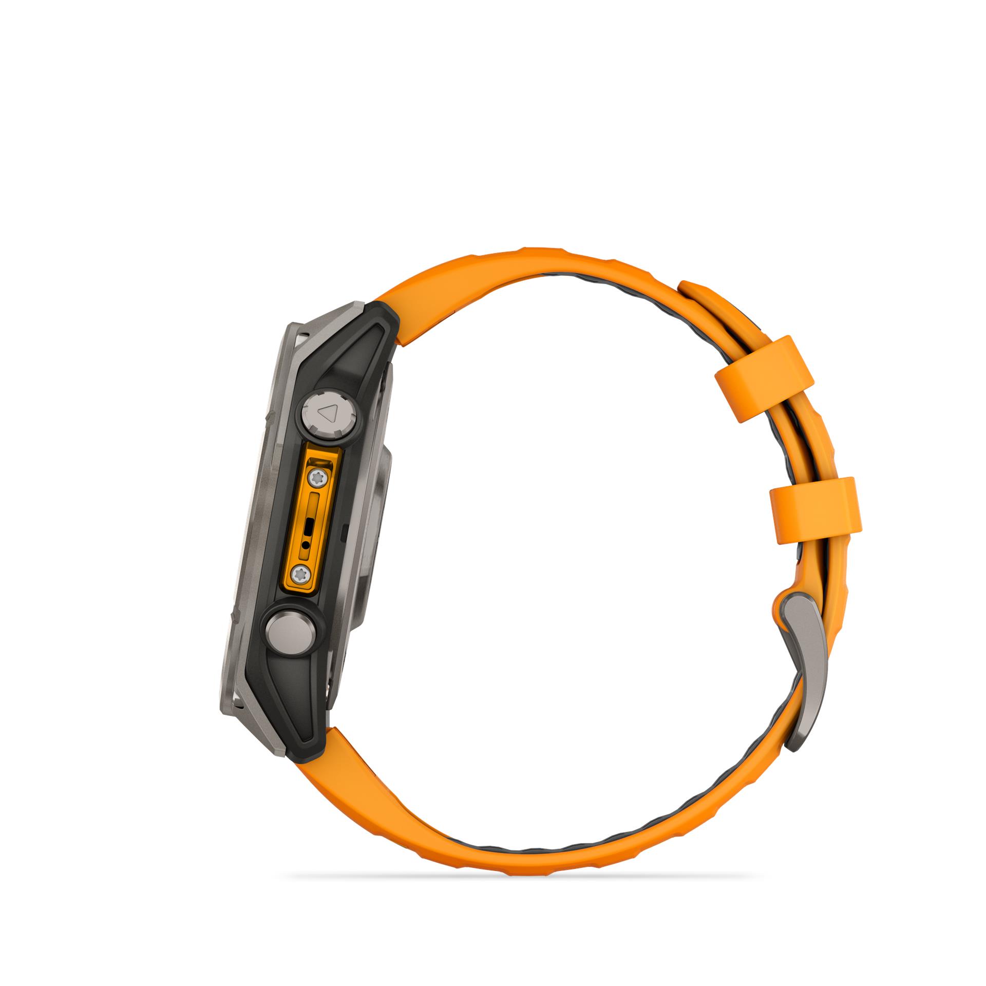 Garmin Fenix 8 AMOLED Sapphire laikrodis, 47 mm, titano spalvos, su „Spark orange/graphite“ silikonine apyranke