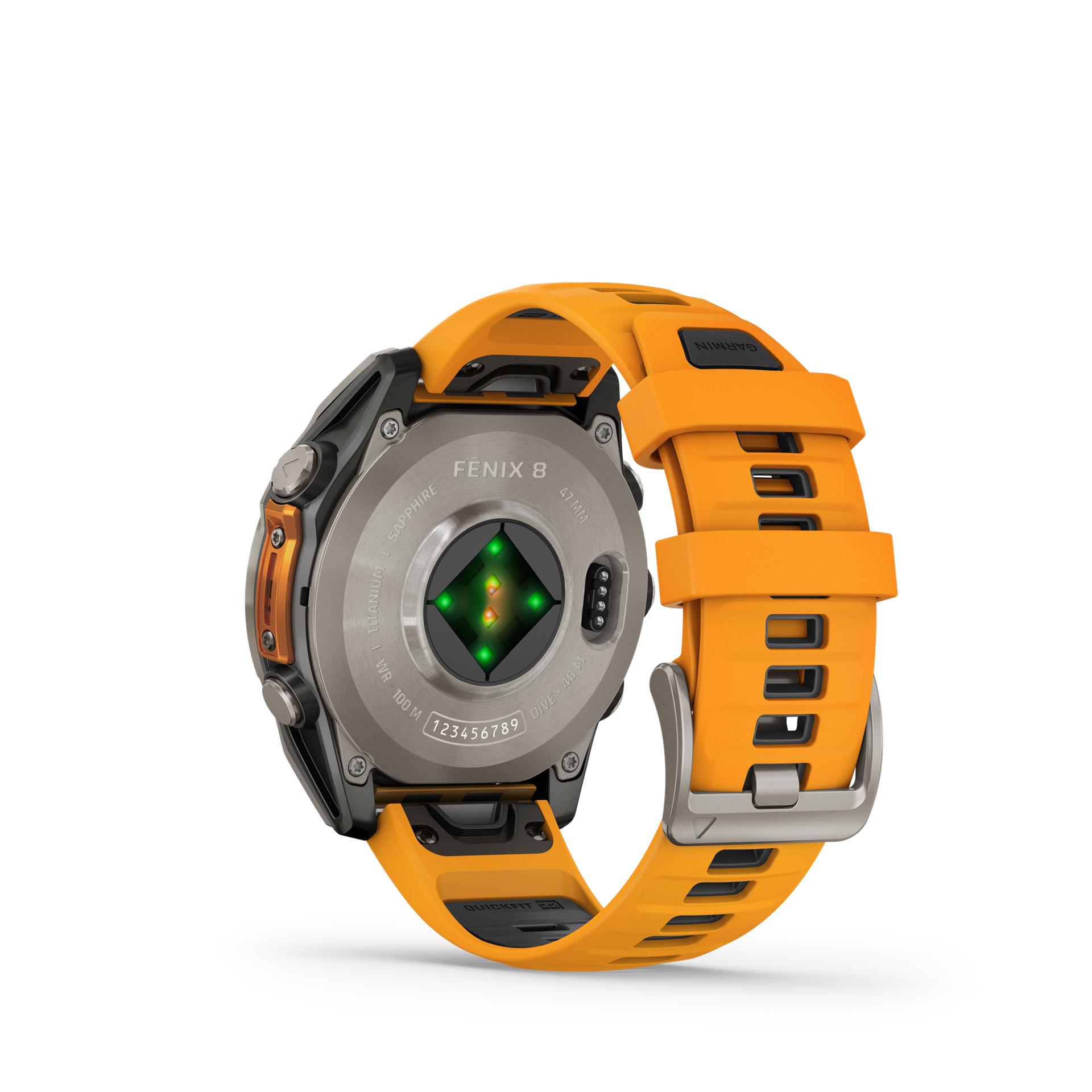 Garmin Fenix 8 AMOLED Sapphire watch, 47 mm, Titanium with Spark orange/graphite silicone band