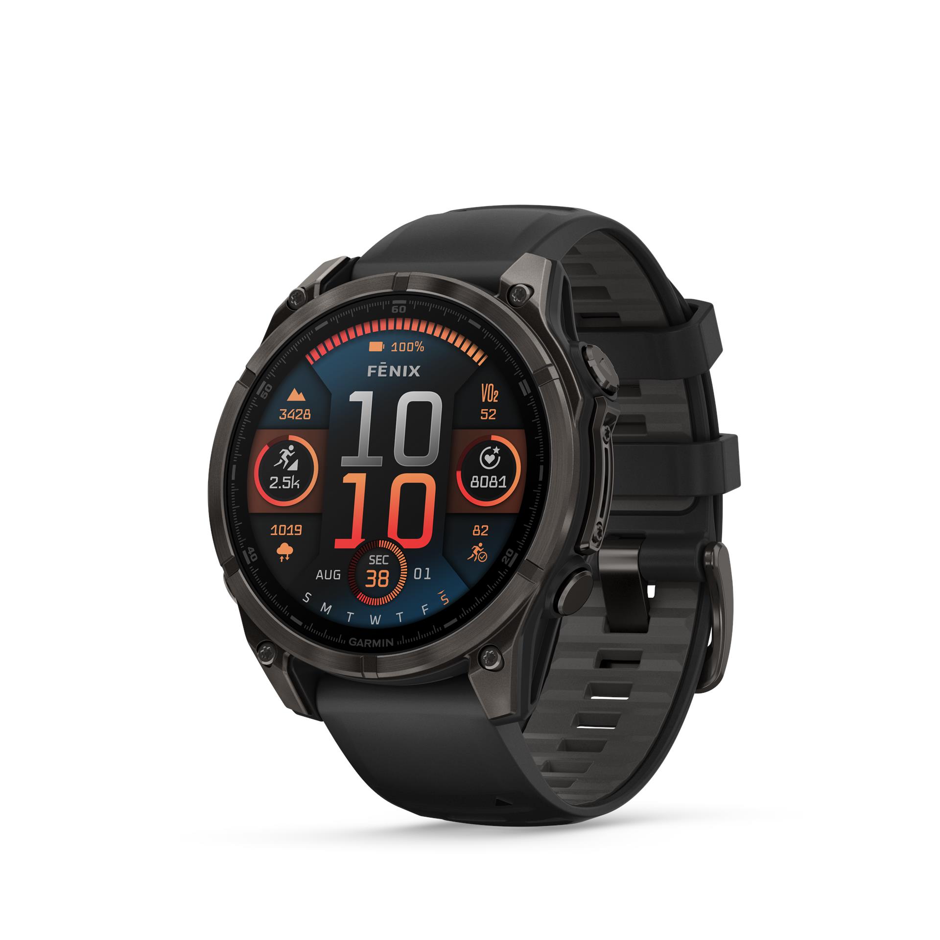 Garmin Fenix 8 AMOLED Sapphire kell, 47 mm, Süsiniku hall DLC titaan koos musta/kruusakarva halli silikoonrihmaga.