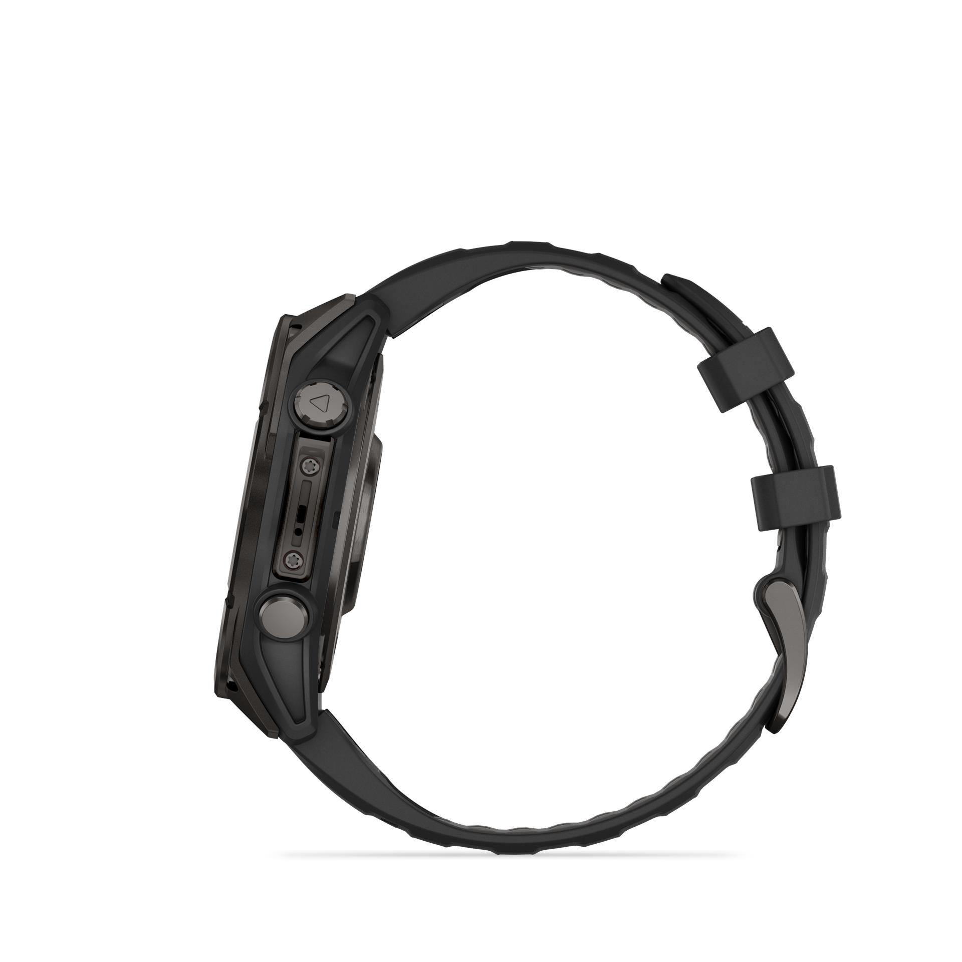 Garmin Fenix 8 AMOLED Sapphire laikrodis, 47 mm, Anglies pilkos spalvos DLC titanas su juoda/žvyro pilka silikono juostele