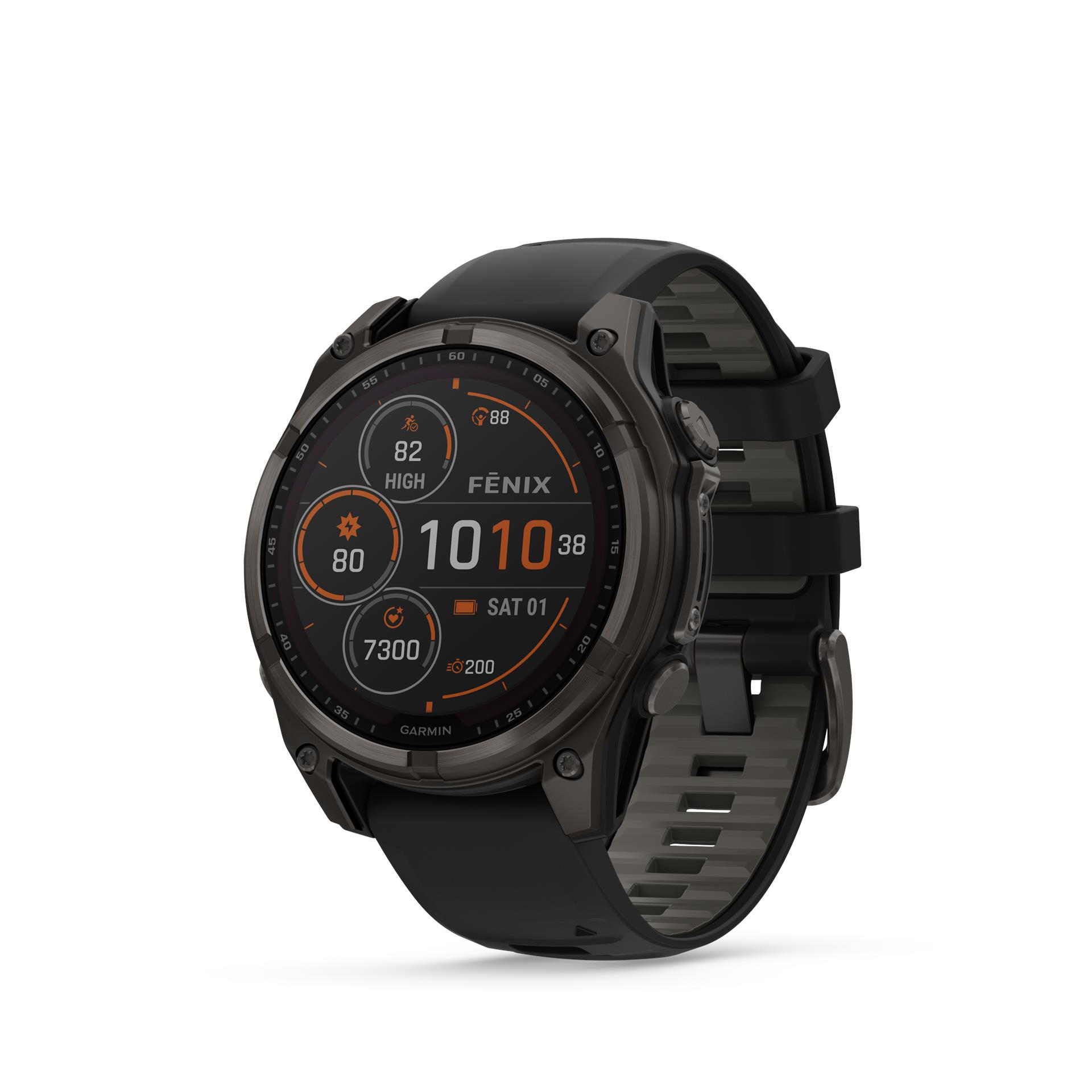 Garmin fēnix 8 Solar Sapphire laikrodis, 47 mm, Anglies pilkos spalvos DLC titanas su juoda/žvyro pilka silikono juostele