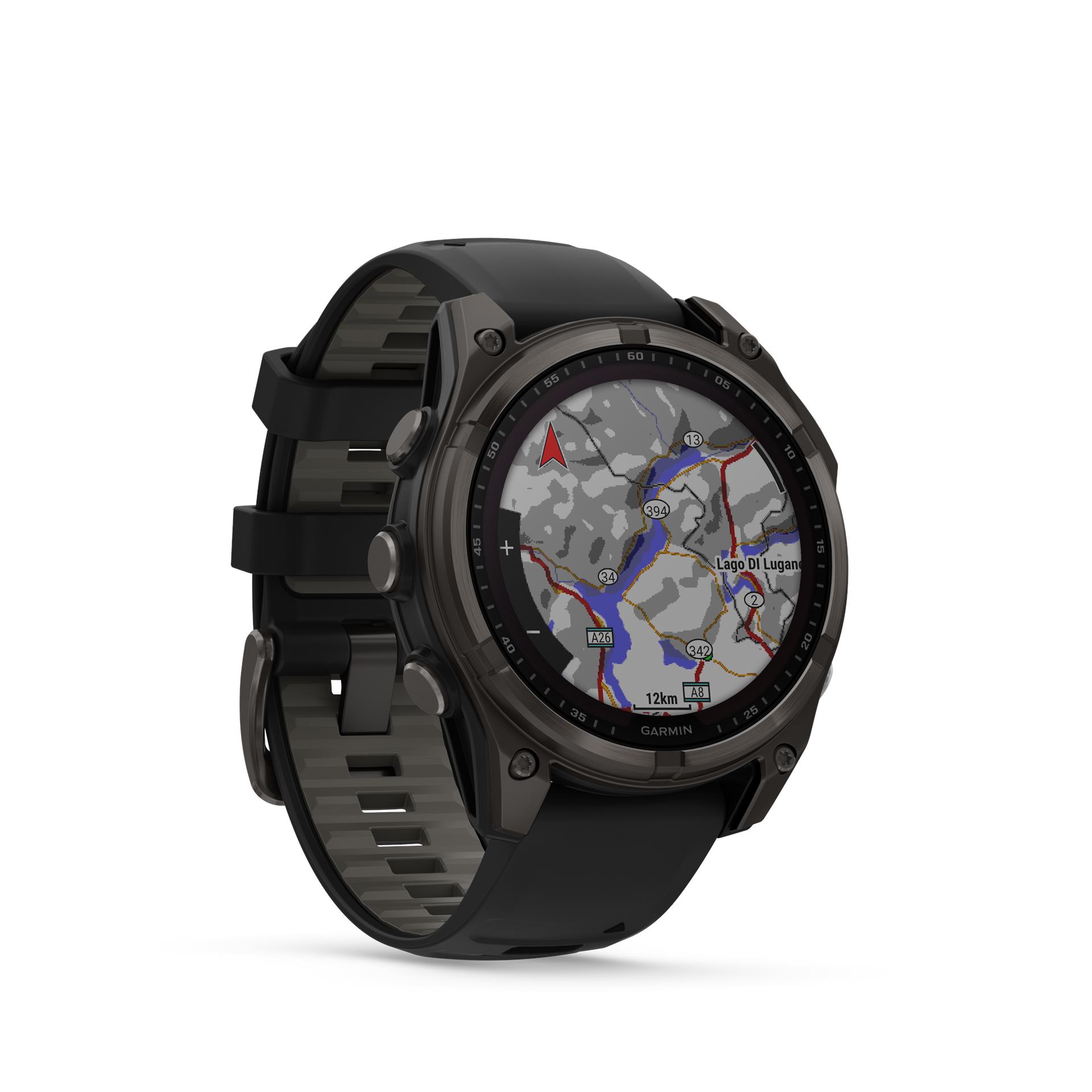 Garmin fēnix 8 Solar Sapphire watch, 47 mm, Carbon grey DLC titanium with Black/pebble grey silicone band