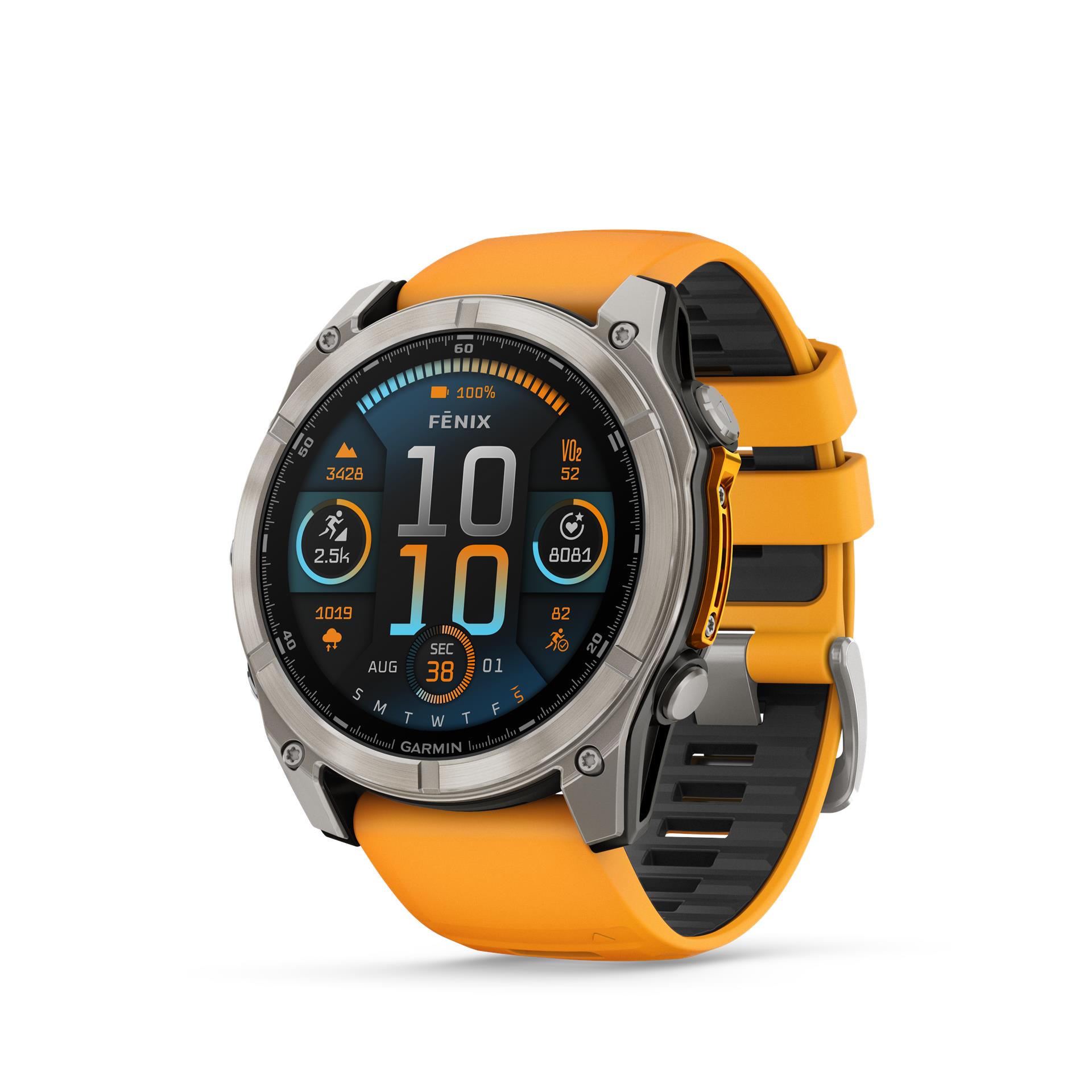 Garmin fēnix 8 AMOLED Sapphire watch, 51 mm, Titanium with Spark orange/graphite silicone band