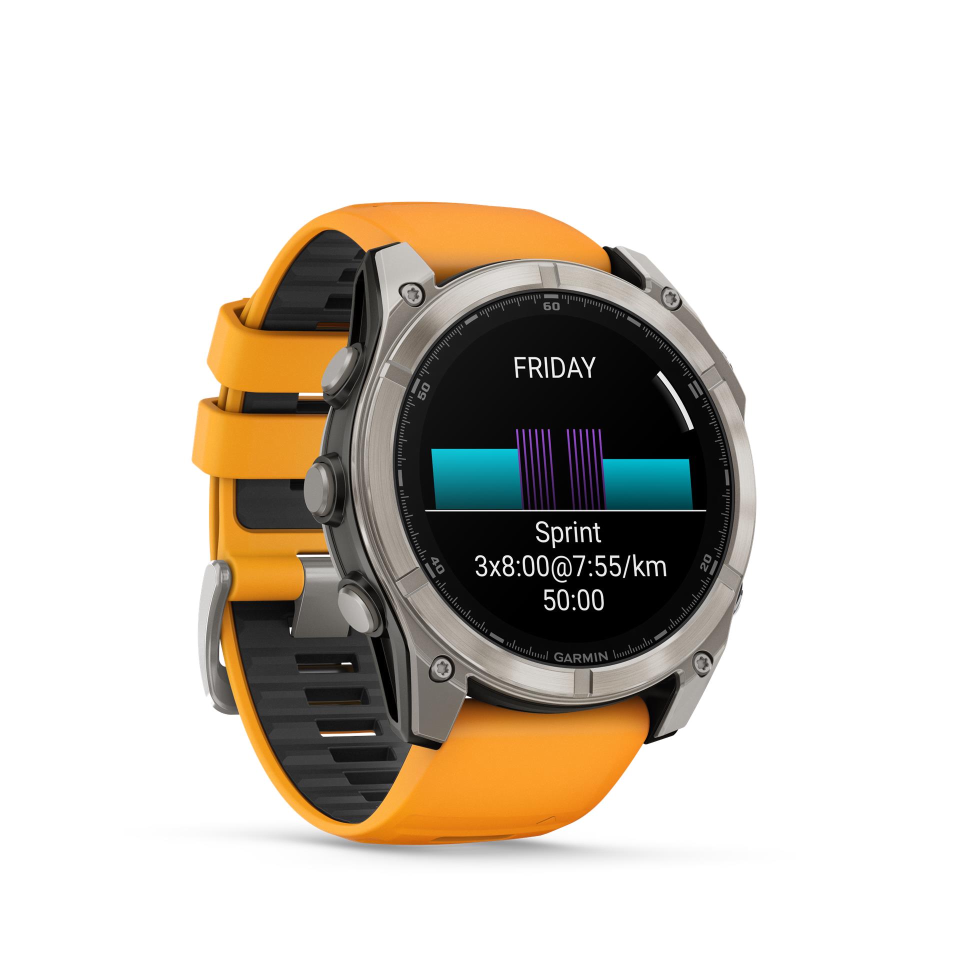 Garmin Fenix ​​8 AMOLED Sapphire laikrodis, 51 mm, titano su kibirkščiuojančia oranžine/grafito silikonine apyranke