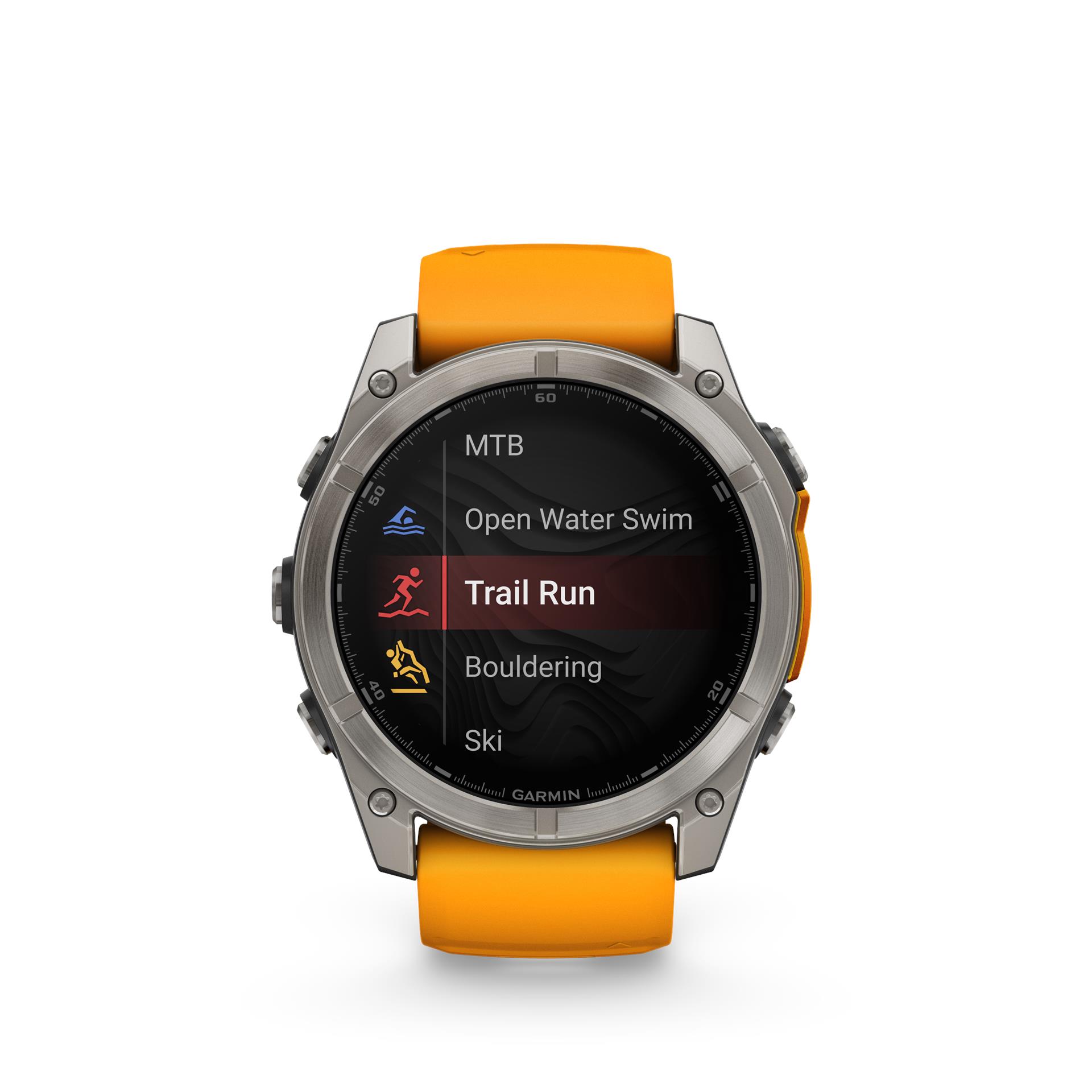 Garmin Fenix 8 AMOLED Sapphire käekell, 51 mm, titaan koos sädeoranži/grafiidist silikoonrihmaga