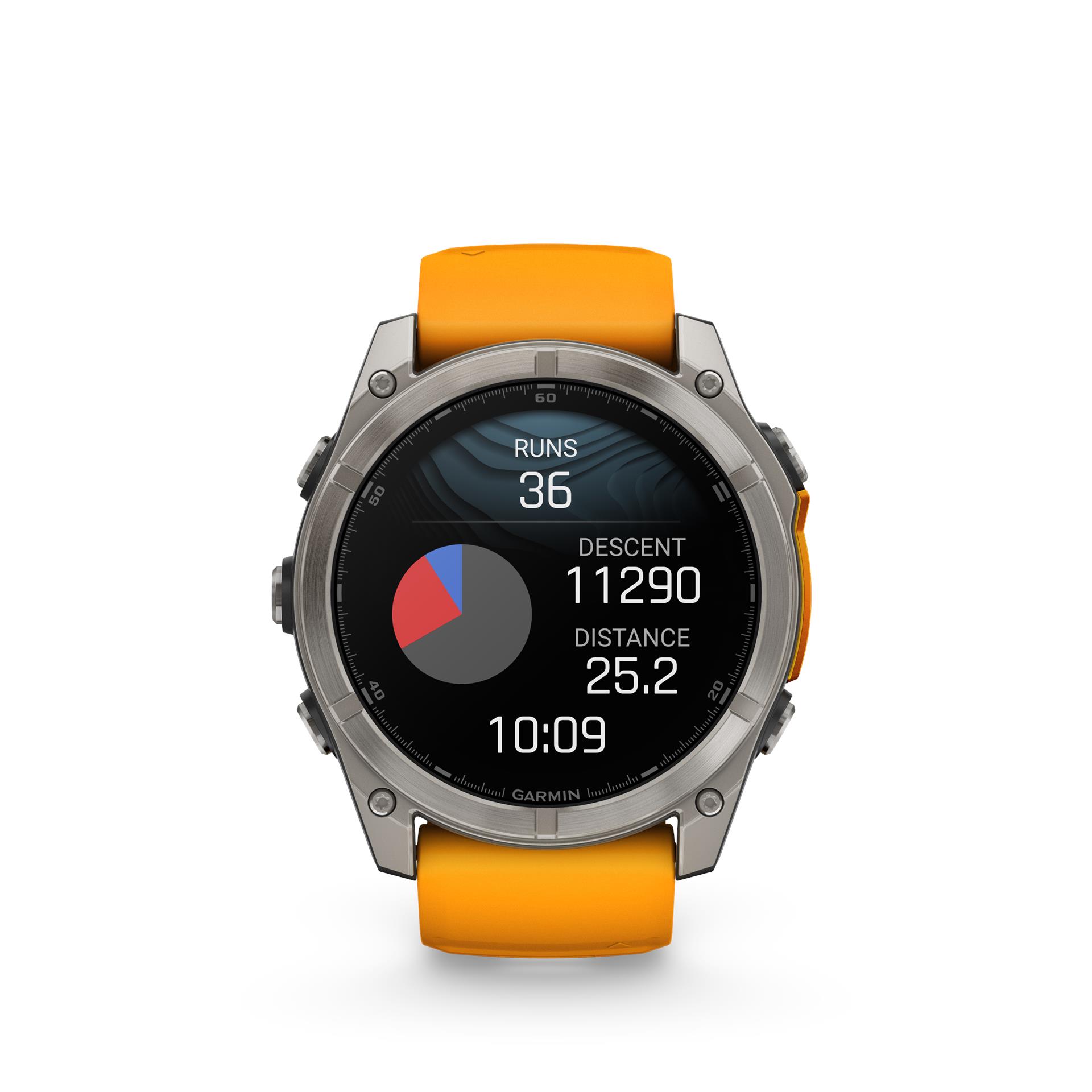 Garmin Fenix ​​8 AMOLED Sapphire laikrodis, 51 mm, titano su kibirkščiuojančia oranžine/grafito silikonine apyranke