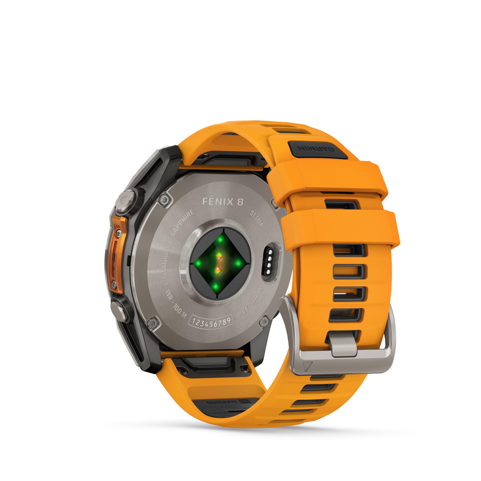 Garmin Fenix 8 AMOLED Sapphire watch, 51 mm, Titanium with Spark orange/graphite silicone band