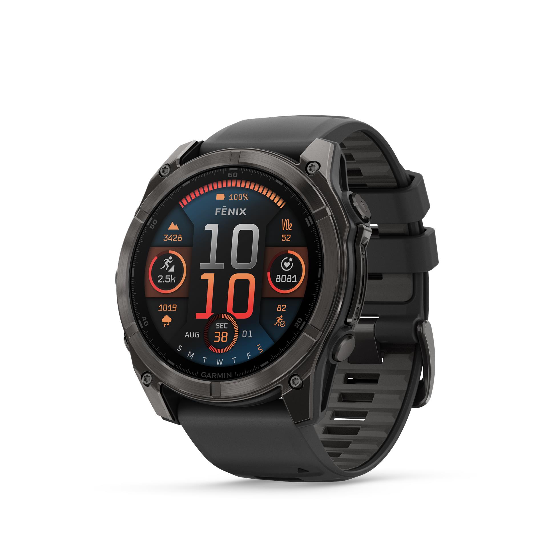 Garmin Fenix 8 AMOLED Sapphire pulkstenis, 51 mm, Ogles pelēks DLC ar silikona siksniņu melnā / maigi pelēkā krāsā