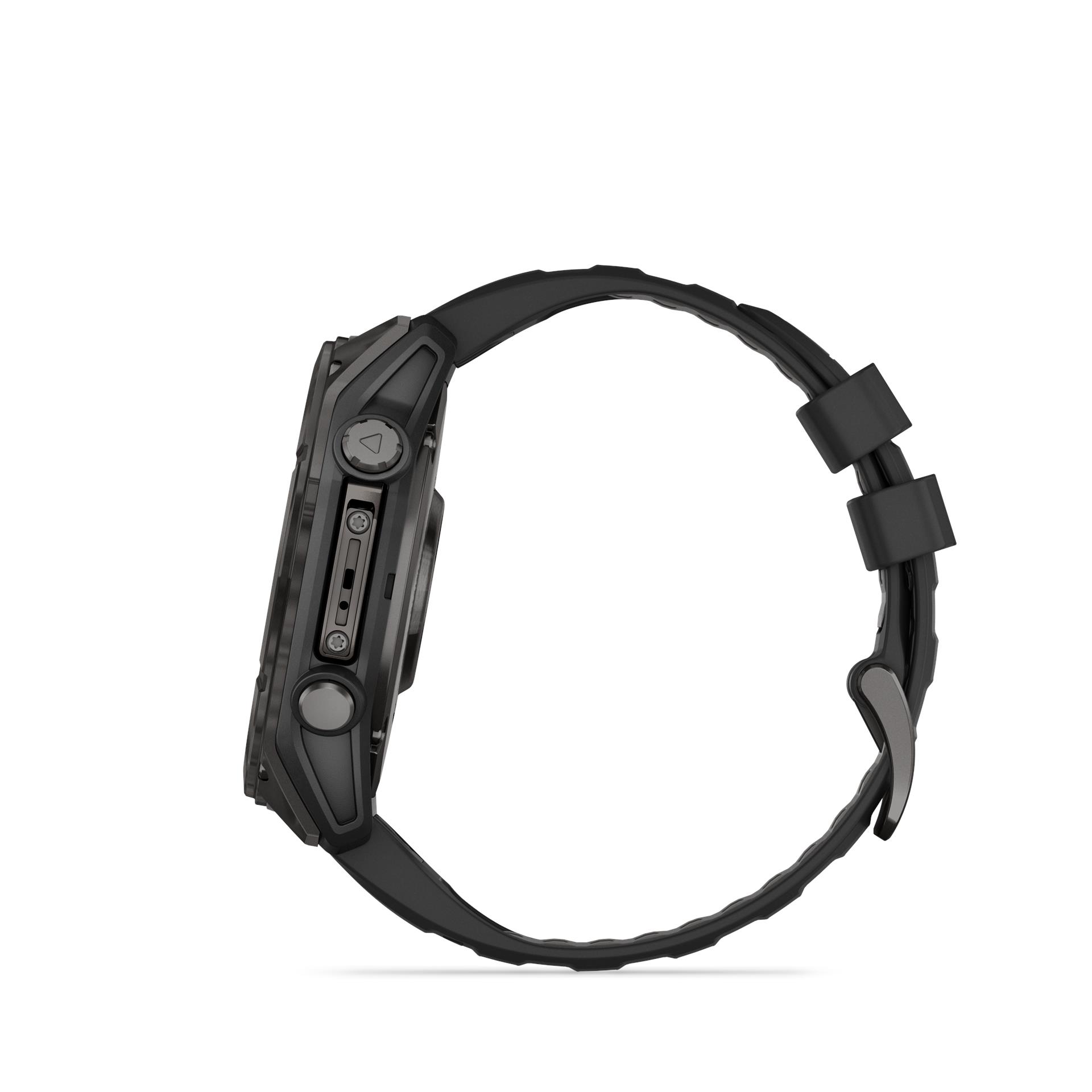 Garmin Fenix 8 AMOLED Sapphire pulkstenis, 51 mm, Ogles pelēks DLC ar silikona siksniņu melnā / maigi pelēkā krāsā