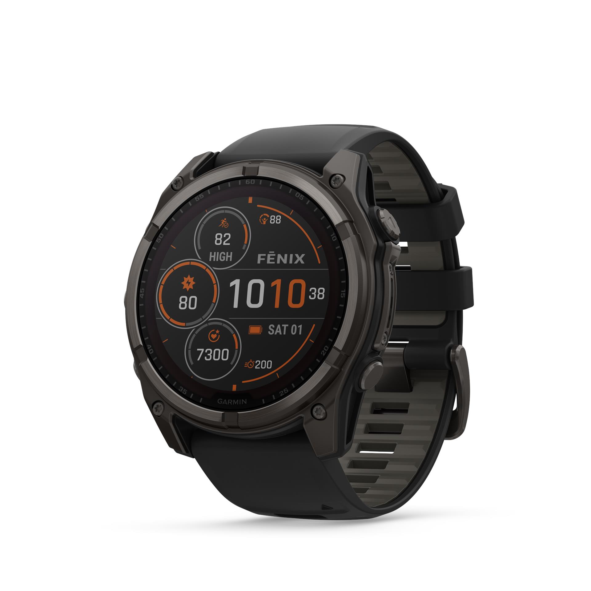 Garmin fēnix 8 Solar Sapphire laikrodis, 51 mm, Anglies pilkos spalvos DLC titanas su juoda/žvyro pilka silikono juostele