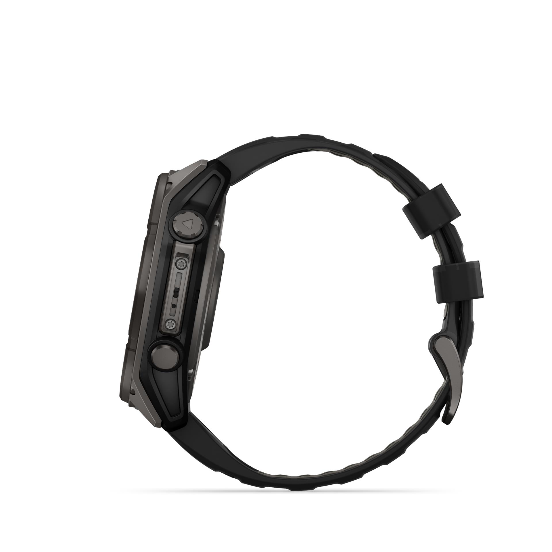 Garmin fēnix 8 Solar Sapphire käekell, 51 mm, Süsiniku hall DLC titaan koos musta/kruusakarva halli silikoonrihmaga.