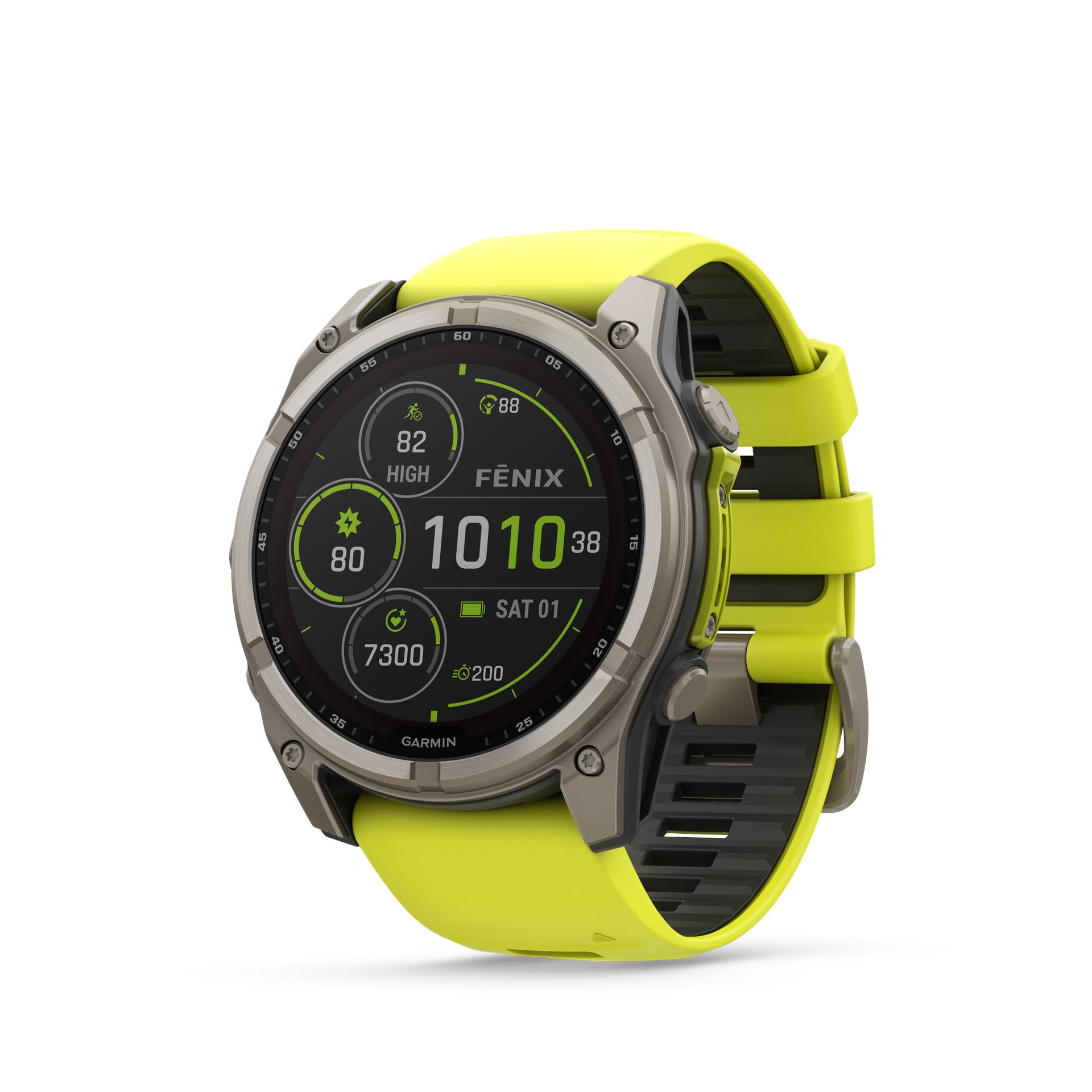 Garmin fēnix 8 Solar Sapphire watch, 51 mm, Titanium with silicone band in banana yellow / graphite