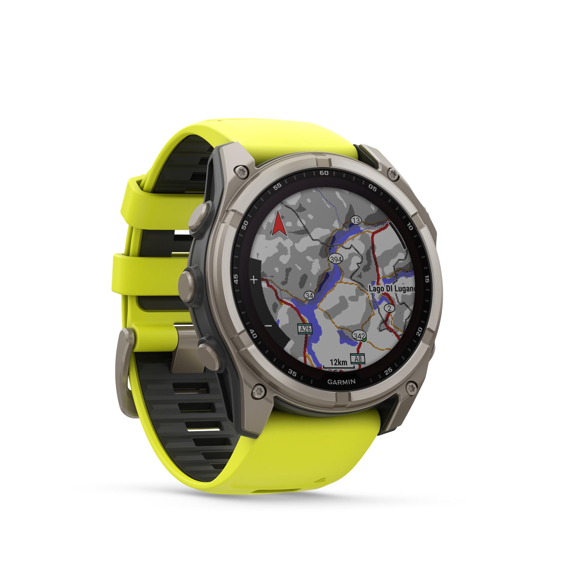 Garmin fēnix 8 Solar Sapphire laikrodis, 51 mm, titano su bananų geltonos / grafito spalvos silikoniniu dirželiu