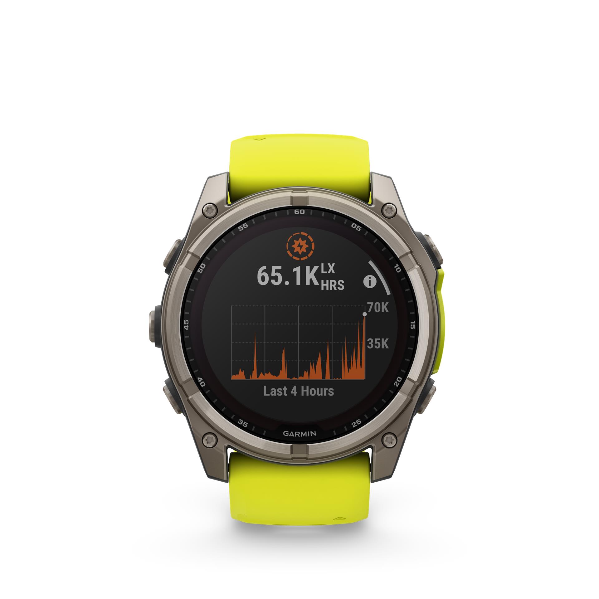 Garmin fēnix 8 Solar Sapphire watch, 51 mm, Titanium with silicone band in banana yellow / graphite