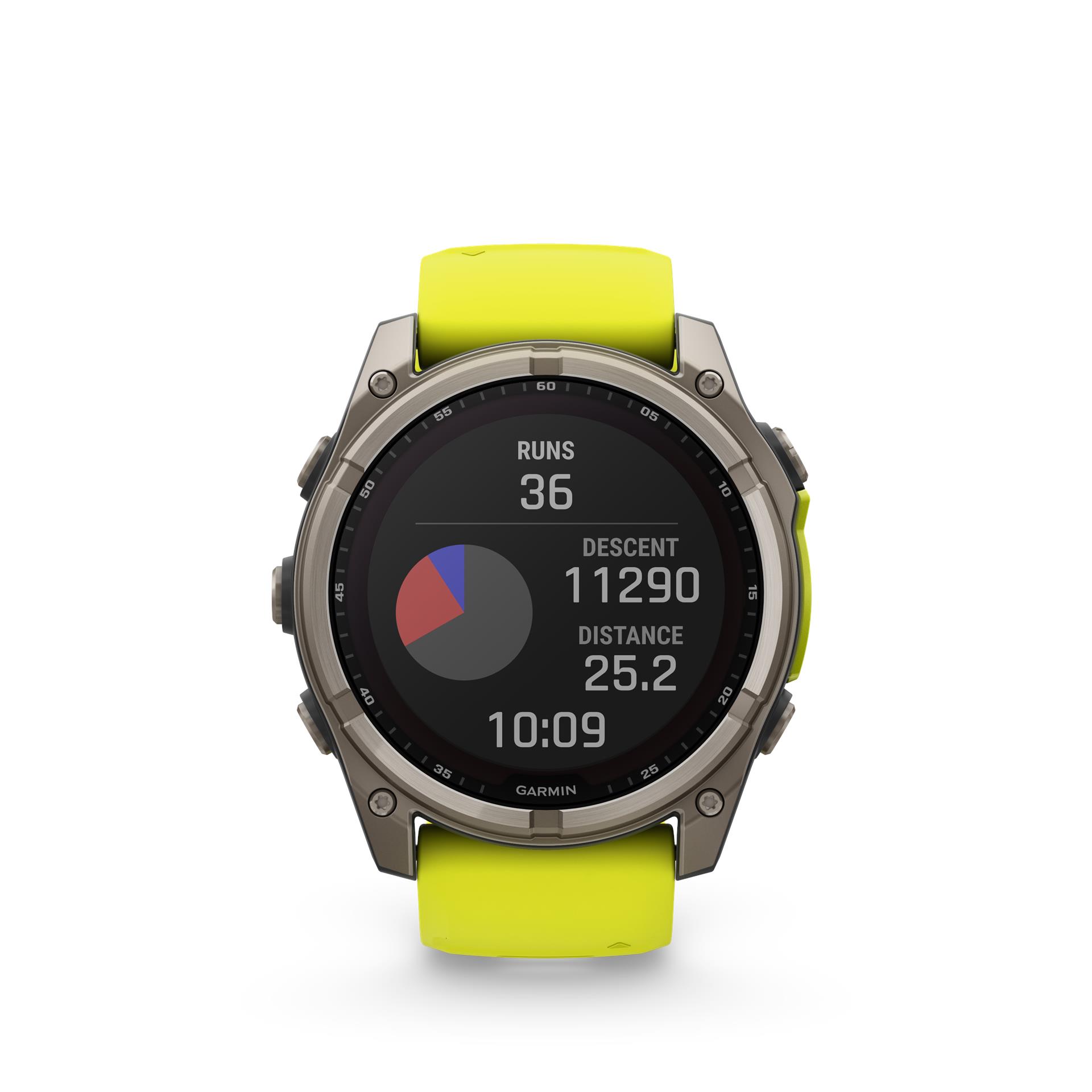 Garmin fēnix 8 Solar Sapphire watch, 51 mm, Titanium with silicone band in banana yellow / graphite