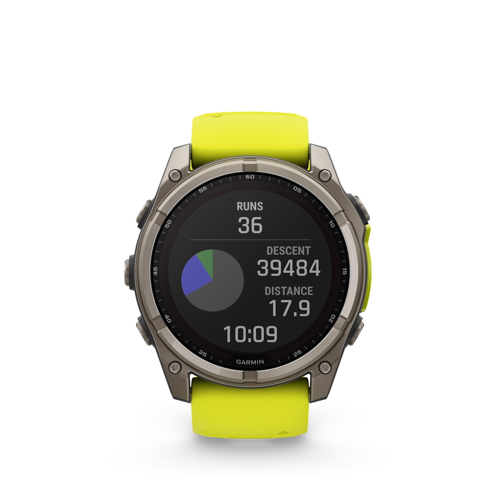 Garmin fēnix 8 Solar Sapphire watch, 51 mm, Titanium with silicone band in banana yellow / graphite