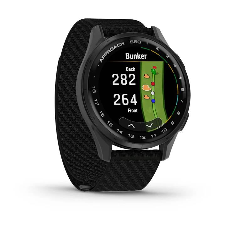 „Garmin Approach S50 Slate Aluminium Bezel“ su juodu ‚ComfortFit‘ nailoniniu dirželiu