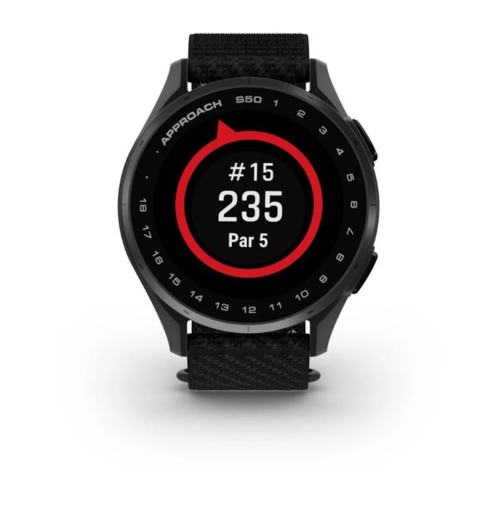 „Garmin Approach S50 Slate Aluminium Bezel“ su juodu ‚ComfortFit‘ nailoniniu dirželiu