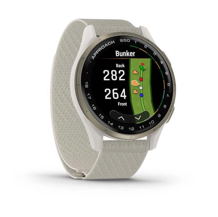 Garmin Approach S50 Kreemjaskuldne alumiiniumääris, vandlivärvi ComfortFit nailonrihm