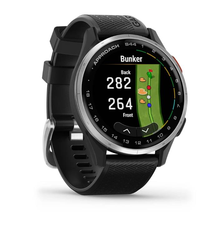 Garmin Approach S44 watch, Silver Aluminium Bezel with Black Silicone Band