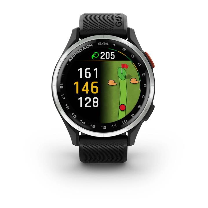 Часы Garmin Approach S44 часы, серебристый алюминиевый ободок с черным силиконовым ремешком